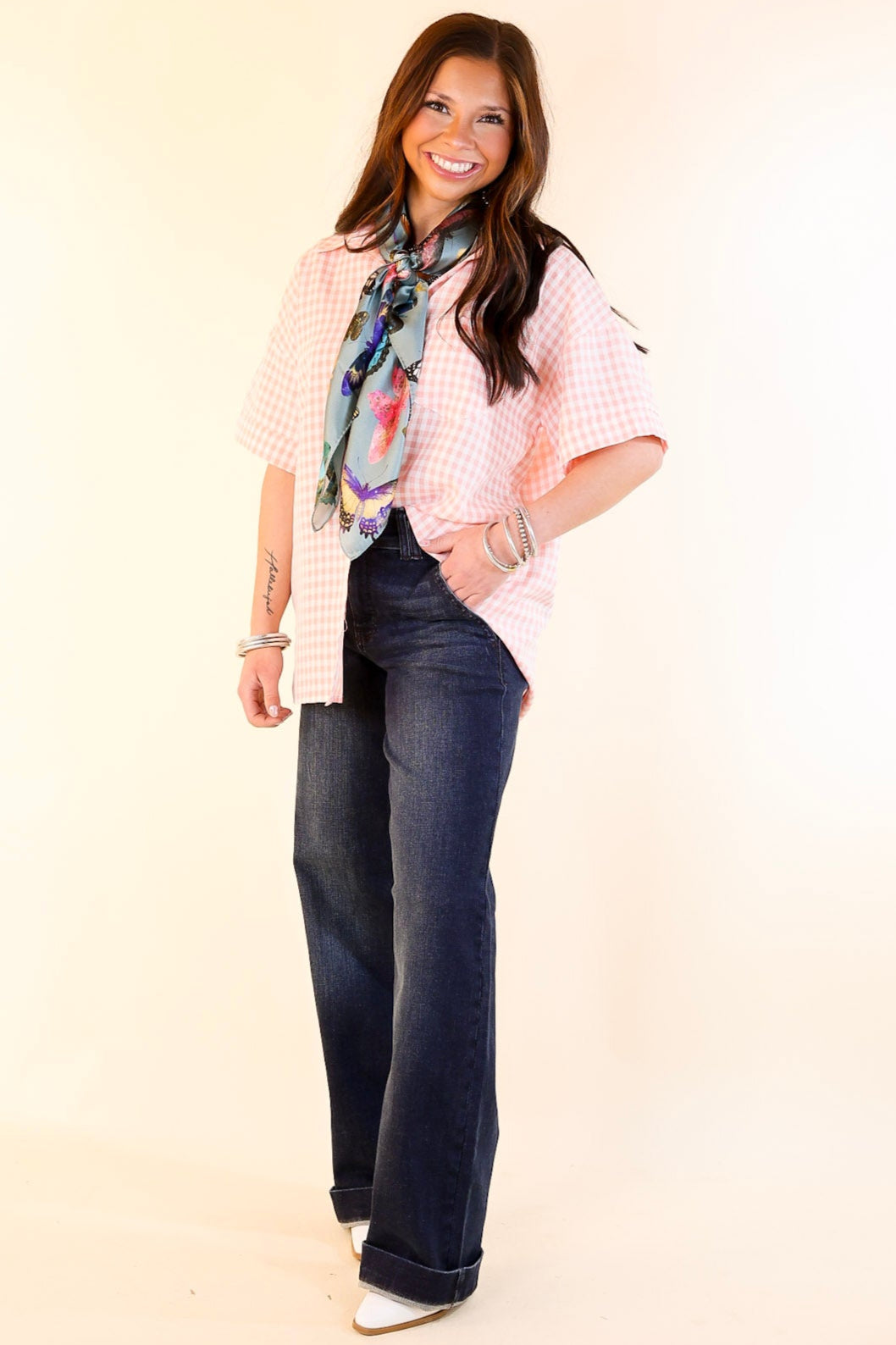 Ultimate Spring Style: Light Pink Gingham Short Sleeve Button-Up Top