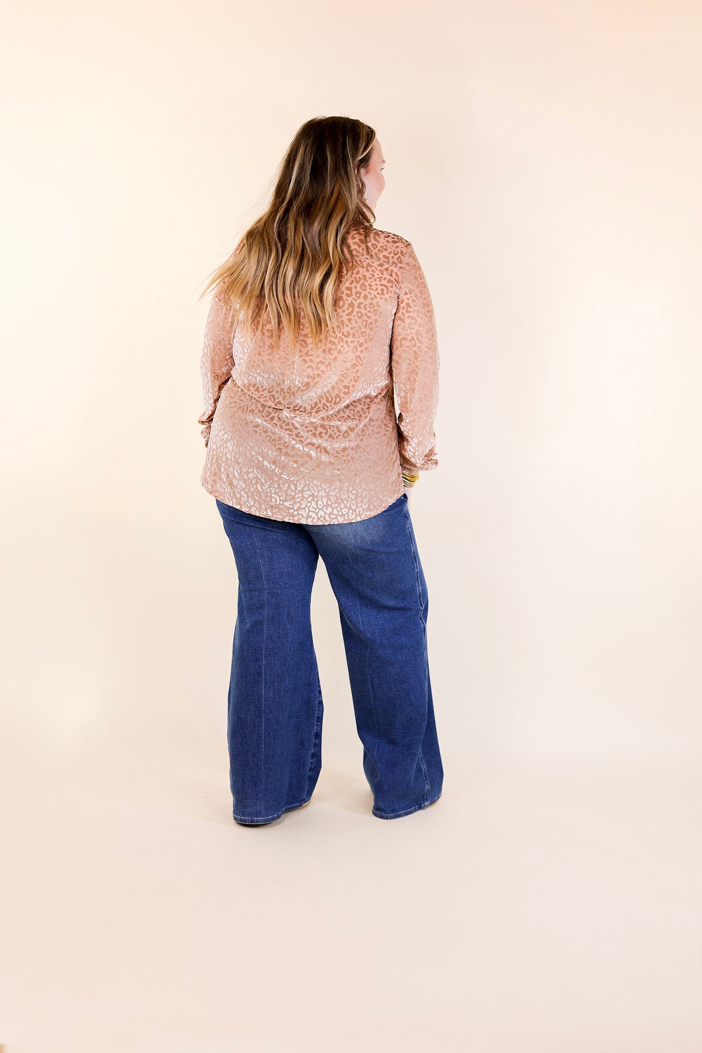 Premium Champagne Velvet Animal Print Blouse - Long Sleeve Button-Up for Evening Elegance