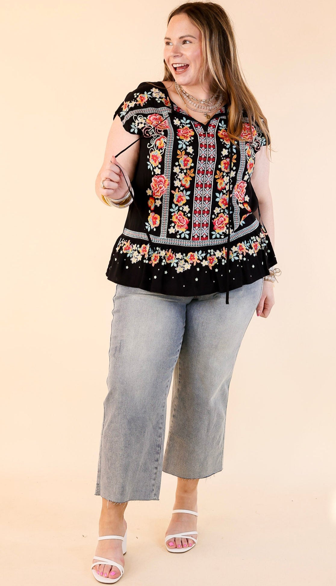 Premium Paradise Floral Embroidered Keyhole Top - Ultimate Summer Style in Black