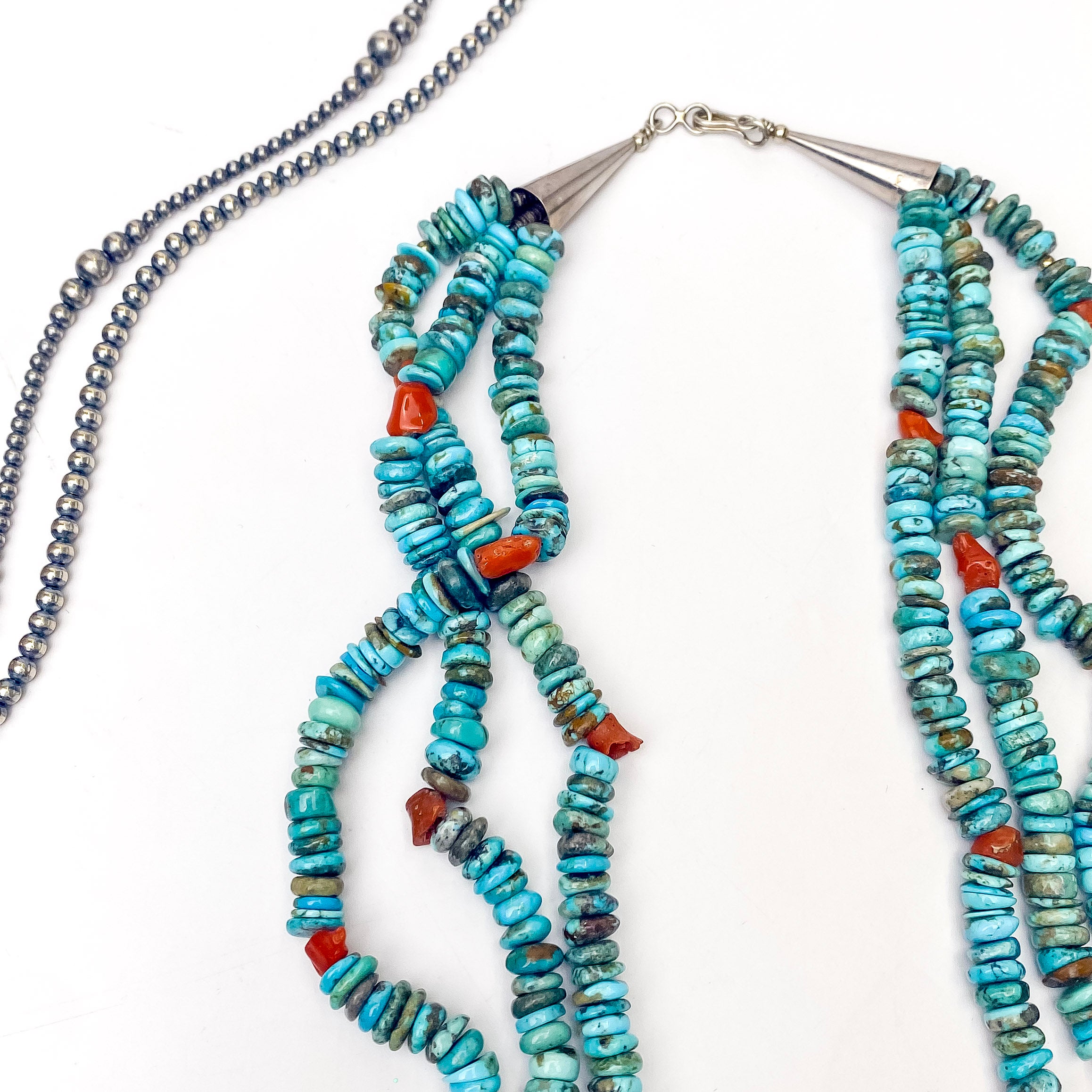 Premium Navajo Handmade Triple Strand Necklace | Natural Turquoise & Coral Stones