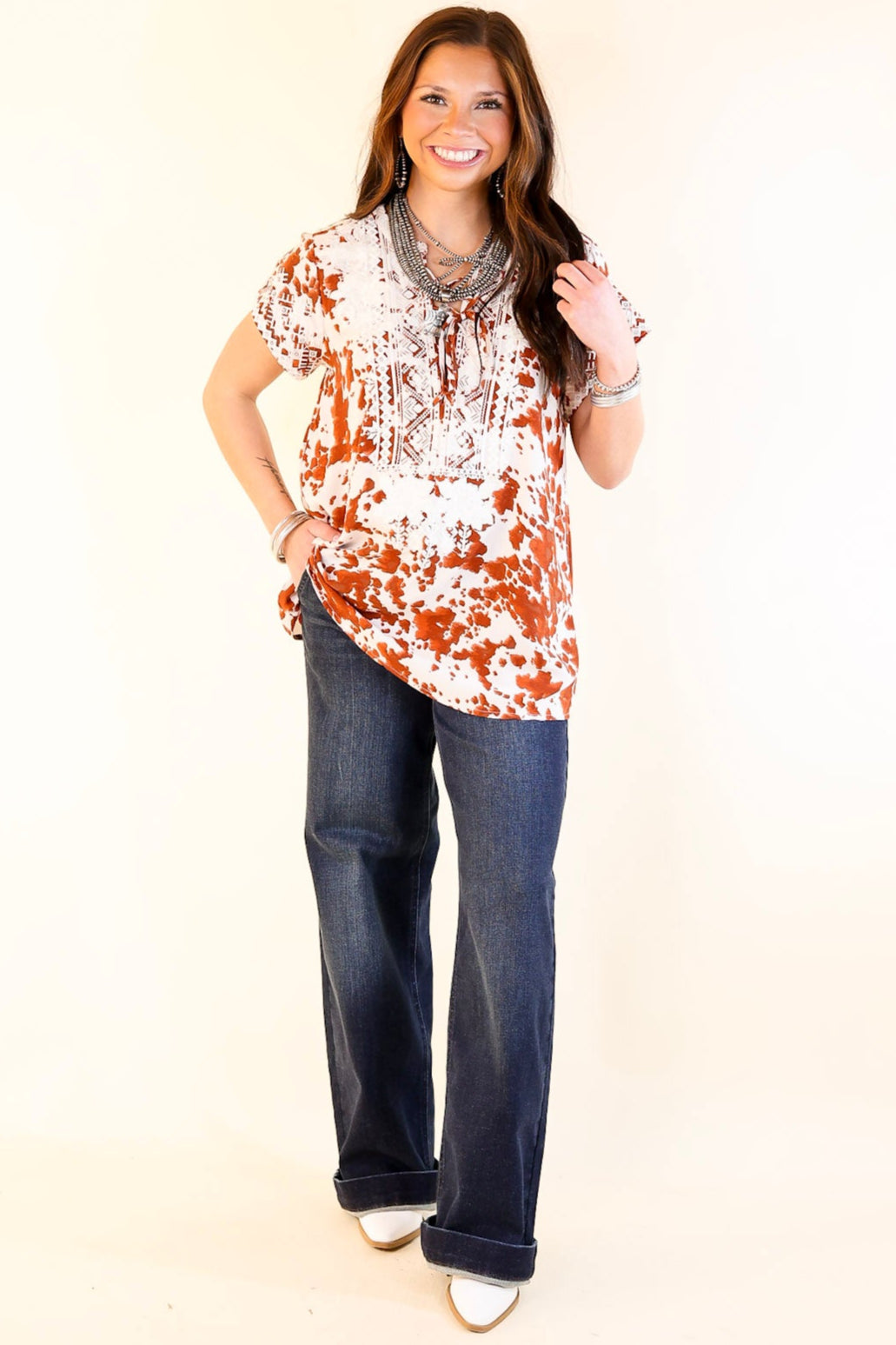 Premium Embroidered Applause Top – White & Rust Orange
