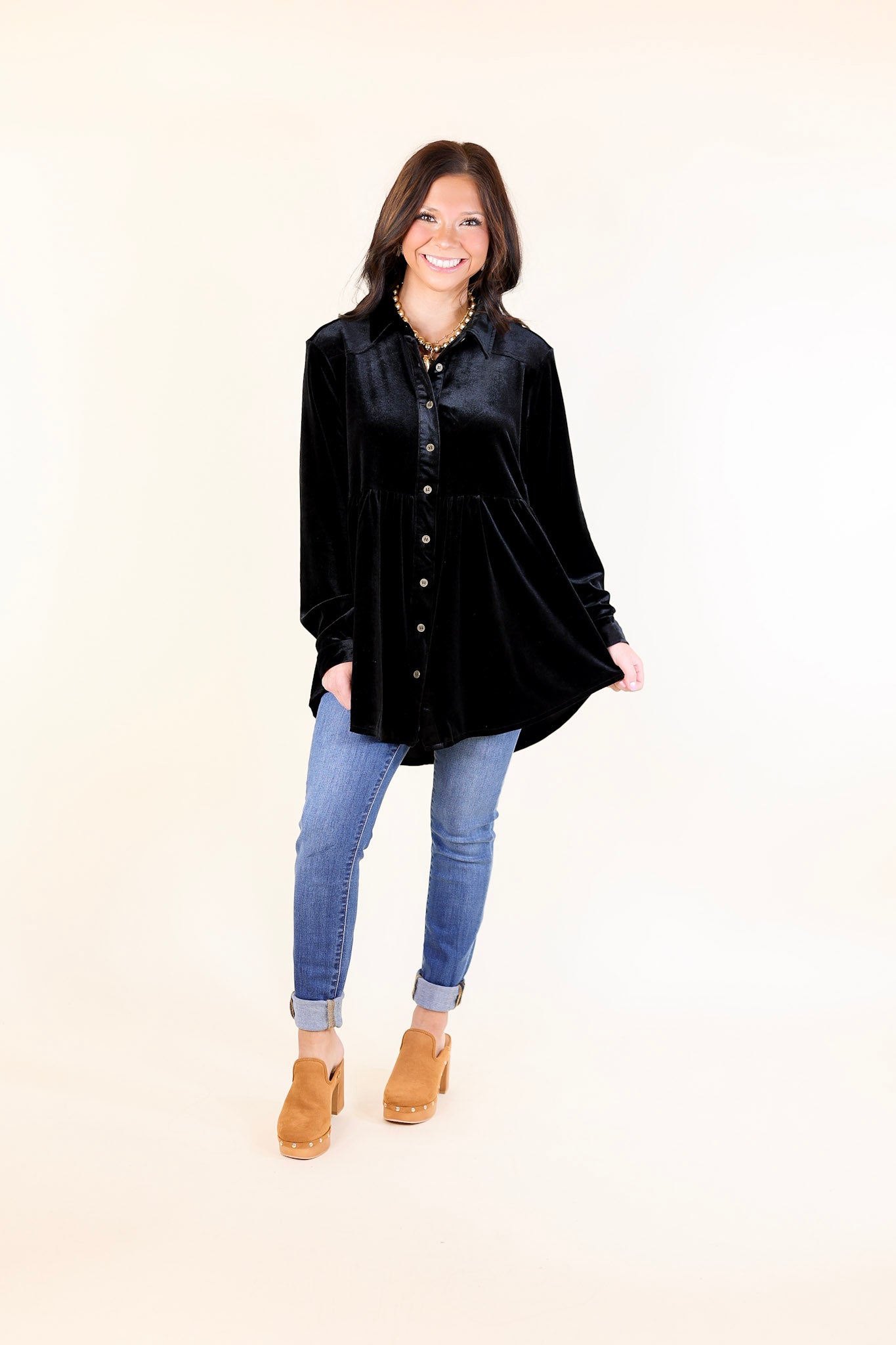 Premium Velvet Babydoll Tunic Top - Call Me Yours Black