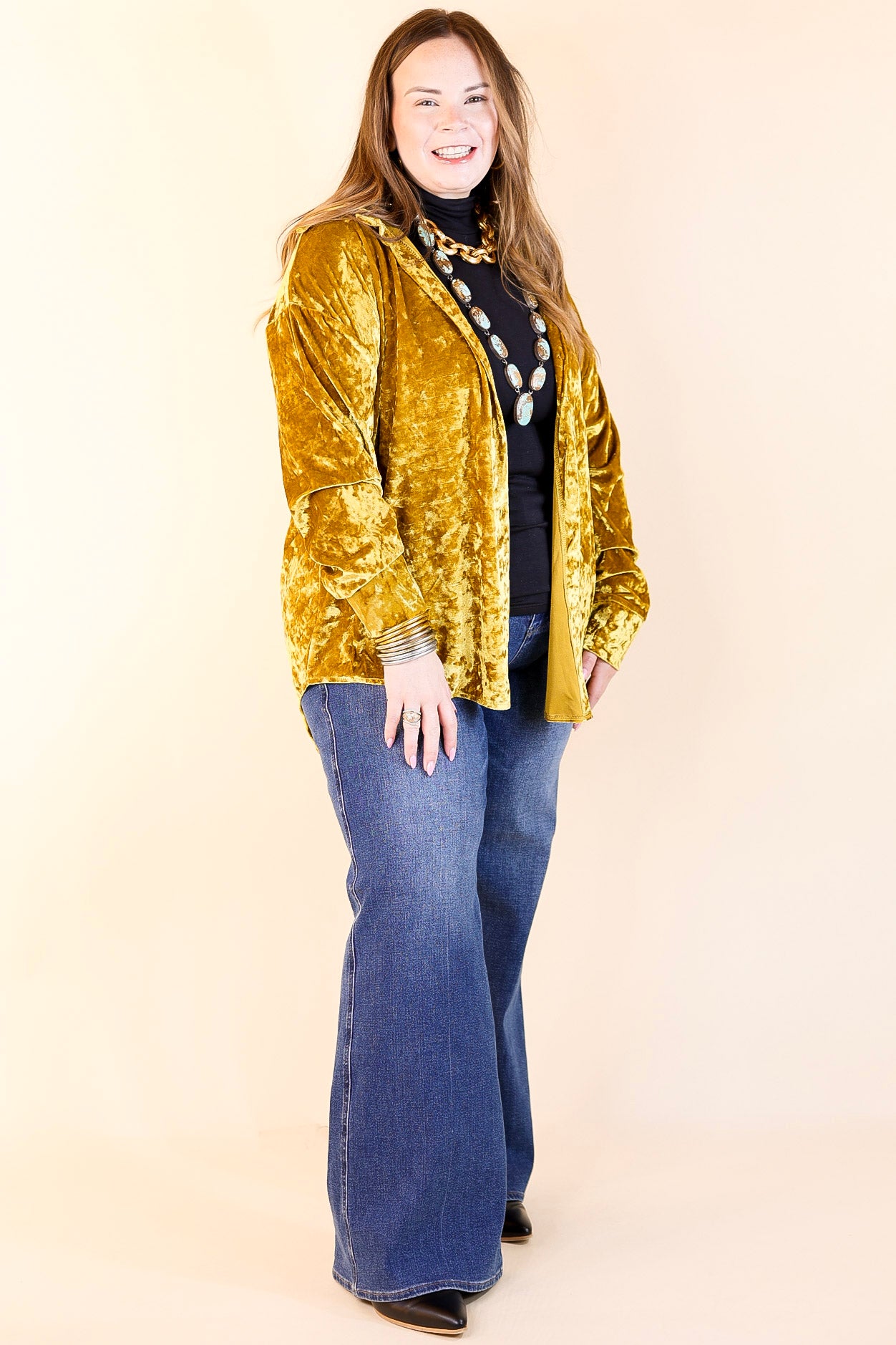 Premium Velvet Long Sleeve Button-Up Blouse in Mustard Yellow