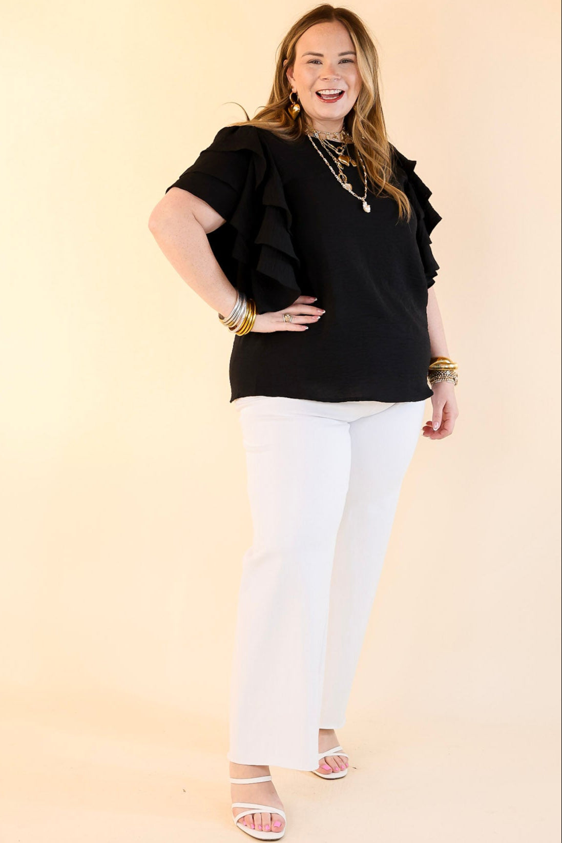 Premium Elegance: Black Multi-Tiered Ruffle Cap Sleeve Top