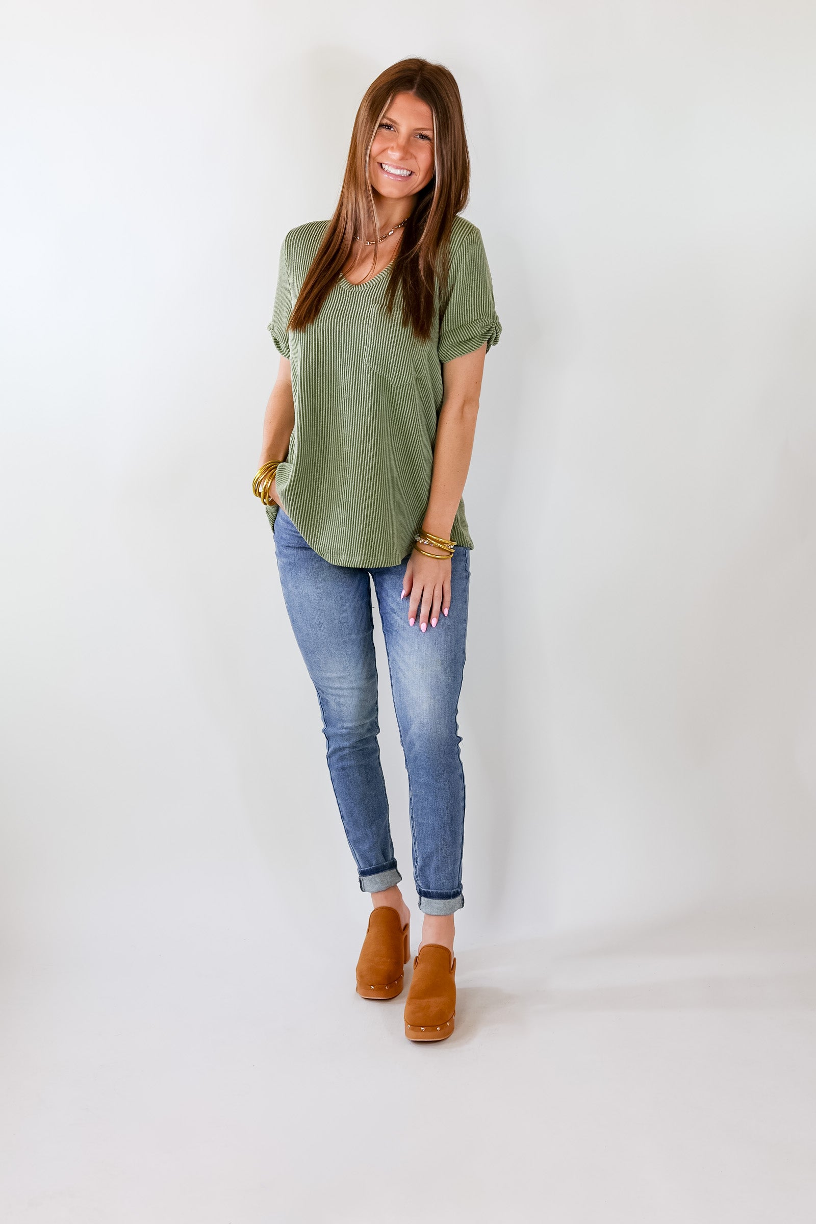 Premium Olive Green Ribbed Short Sleeve Top with Front Pocket