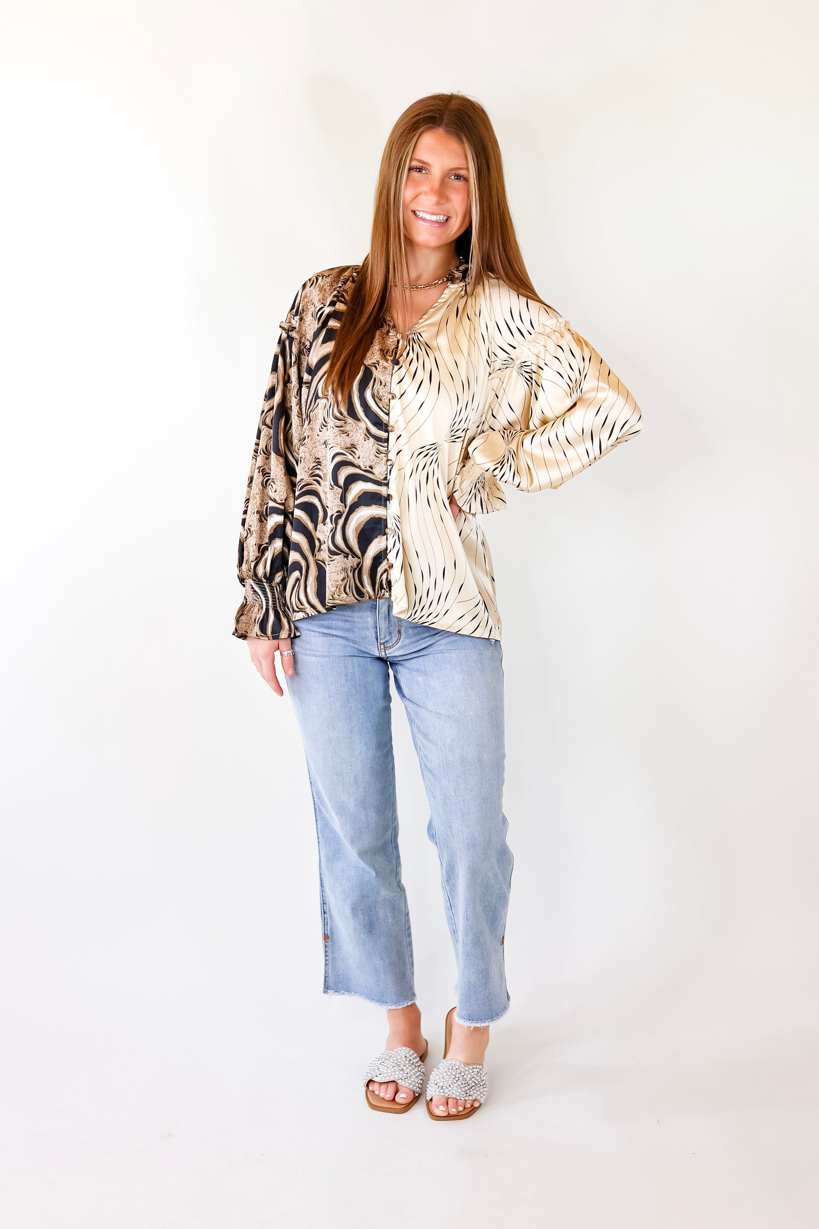 Ultimate Swirl Mix Print Satin Blouse - Ivory, Black, Tan