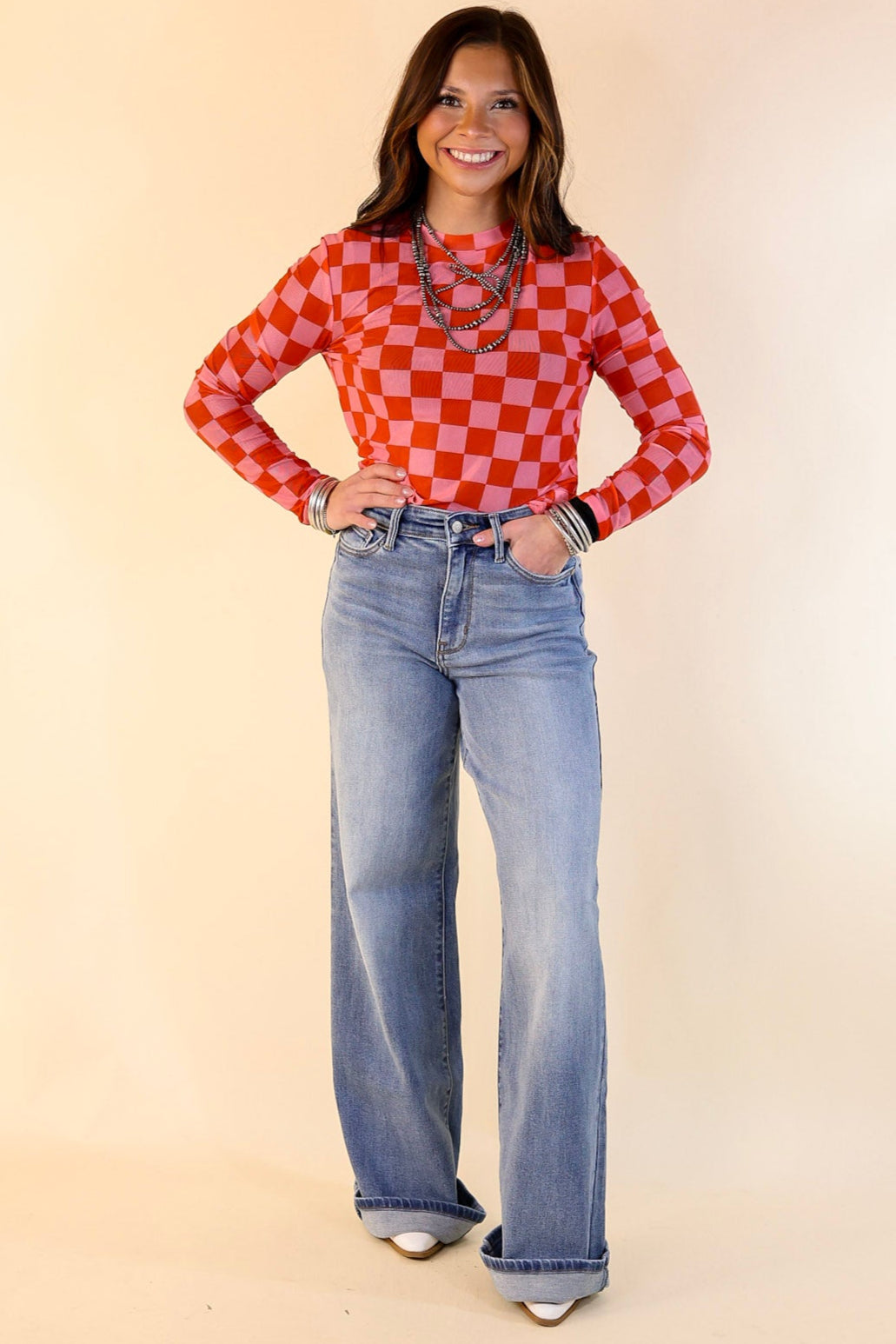 Premium Western Dream Checkered Mesh Long Sleeve Top - Pink & Red