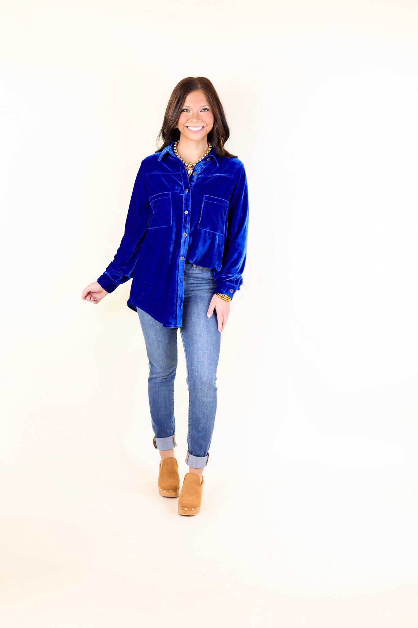 Premium Velvet Royal Blue Button-Up Blouse for Evening Elegance