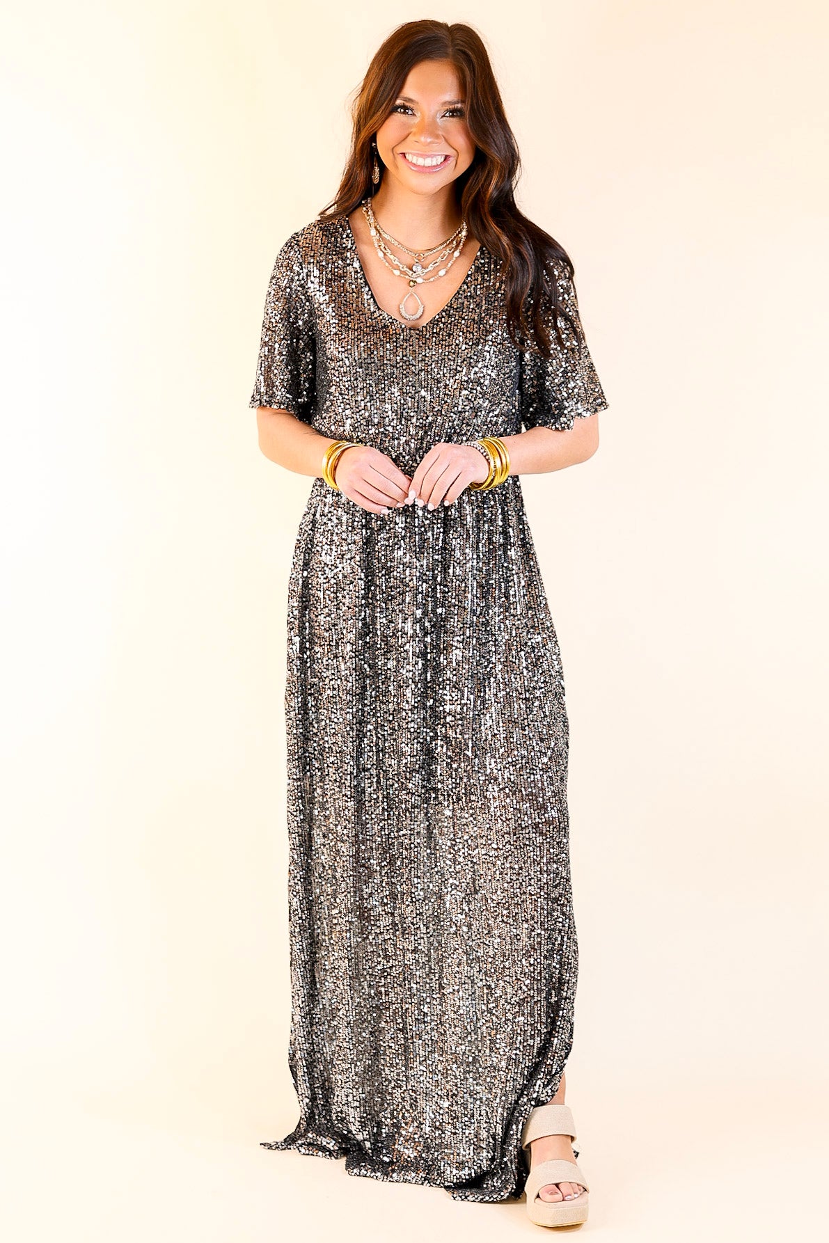 Ultimate Sparkle City Short Sleeve Sequin Maxi Dress - Black