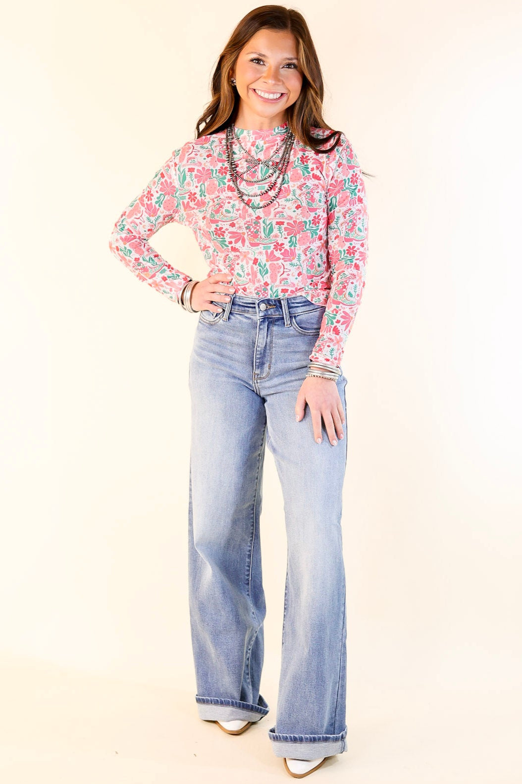 Premium Western Dream Mesh Long Sleeve Top - Pink Floral Print