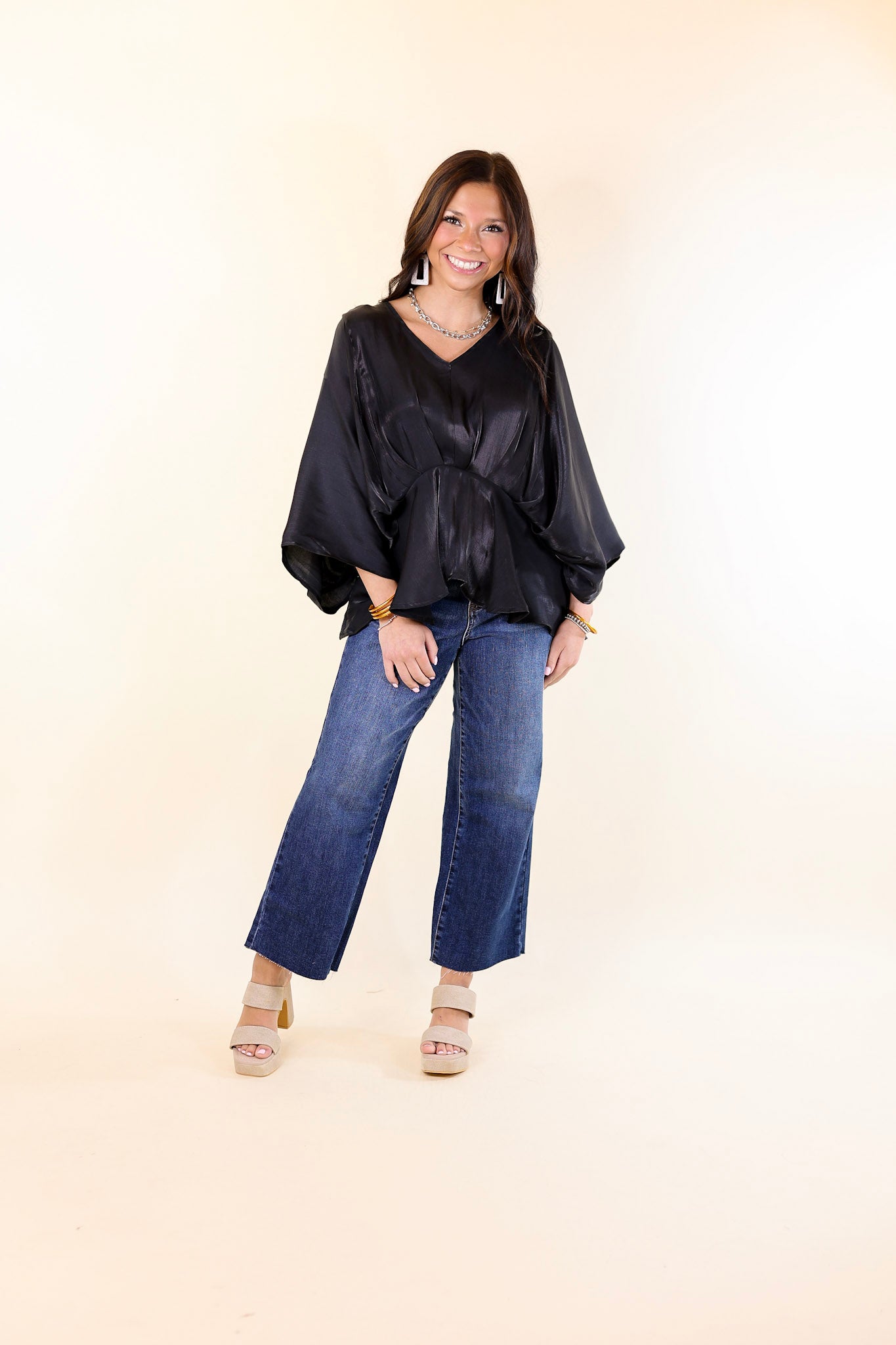 Ultimate Shiny Black Satin V-Neck Peplum Top with Drop Sleeves
