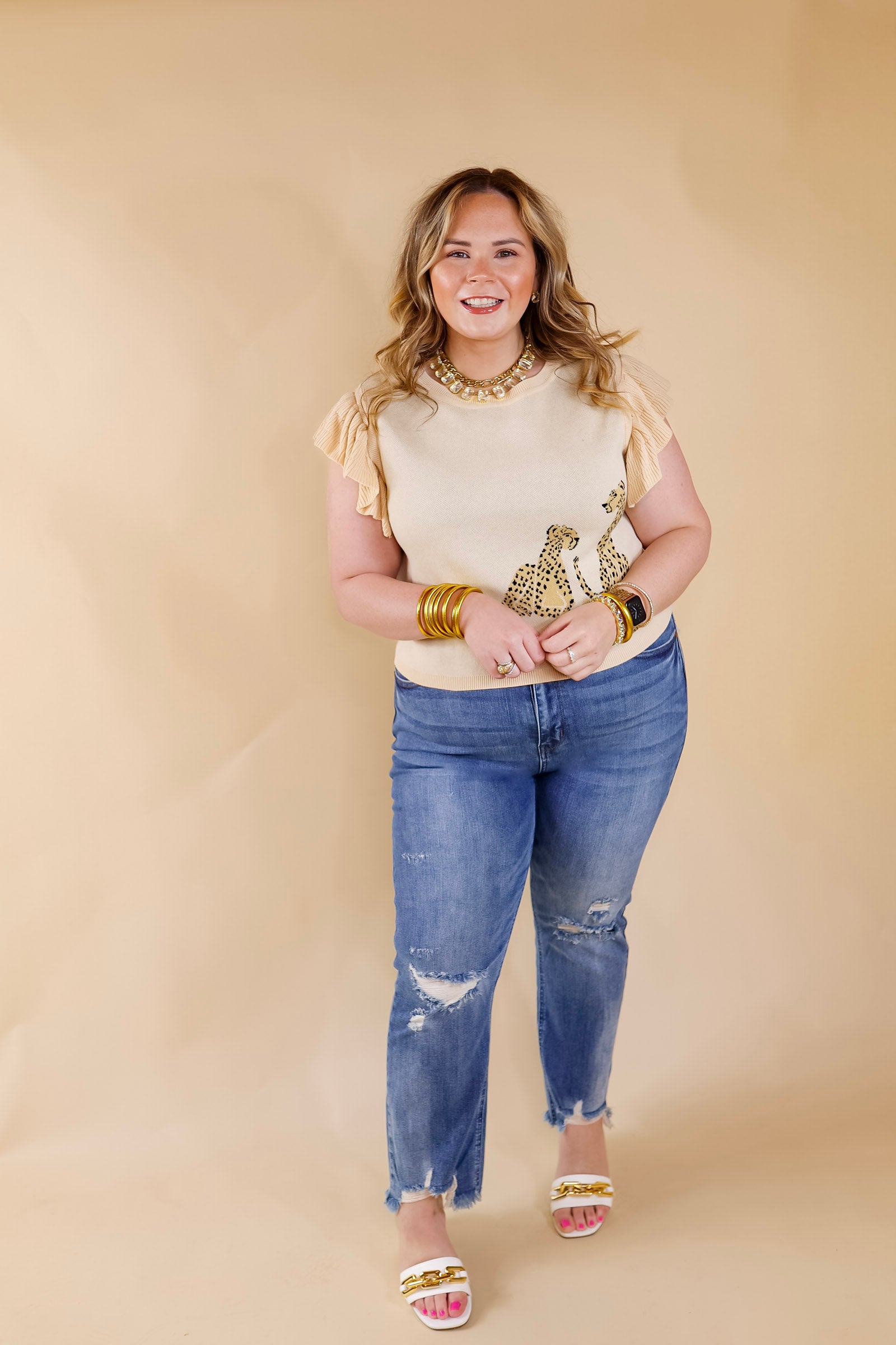 Premium Cheetah Print Ruffle Sleeve Sweater - Beige