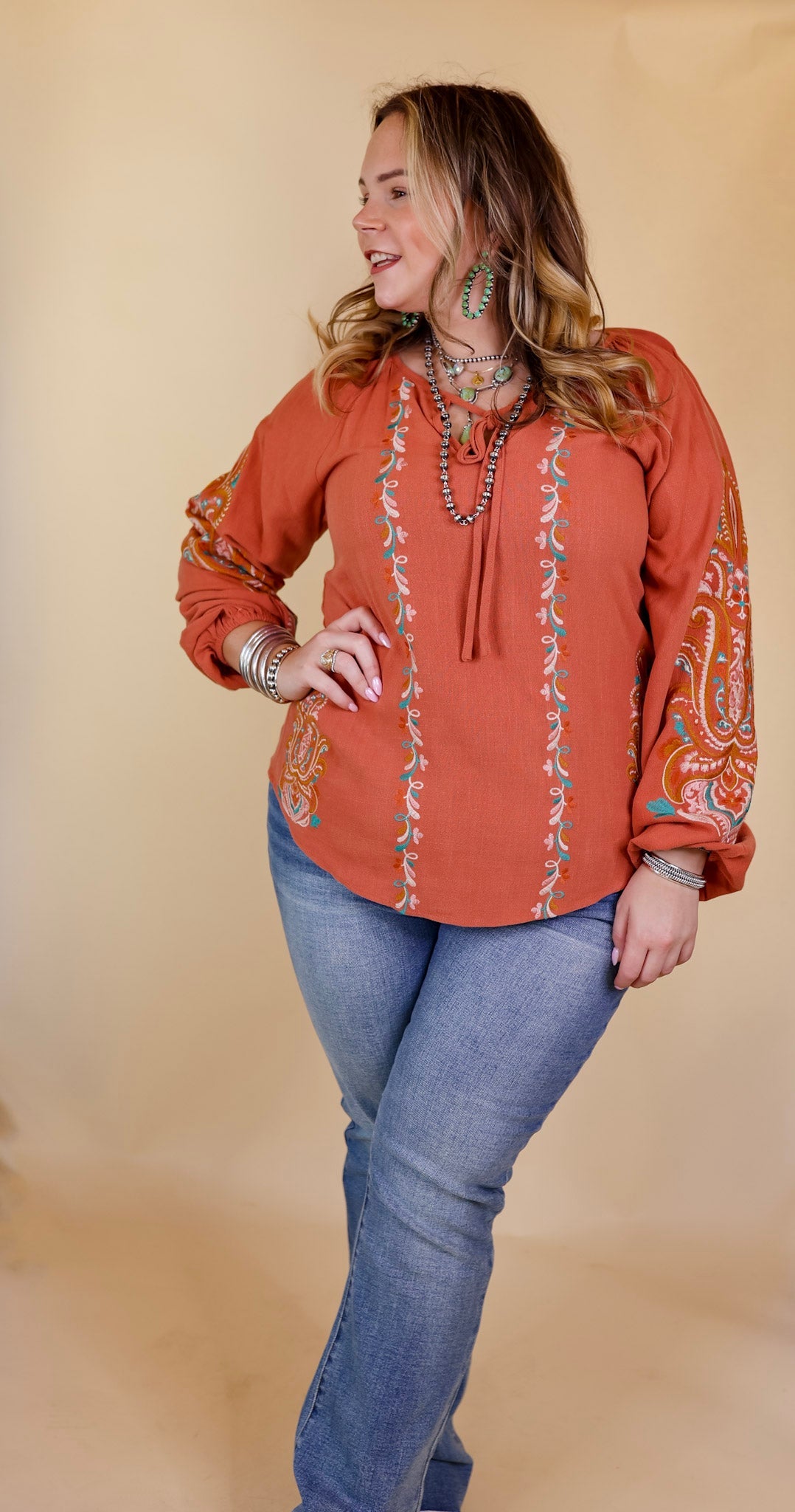 Premium Floral Embroidered Keyhole Top - Clay Orange | Ultimate Style & Comfort