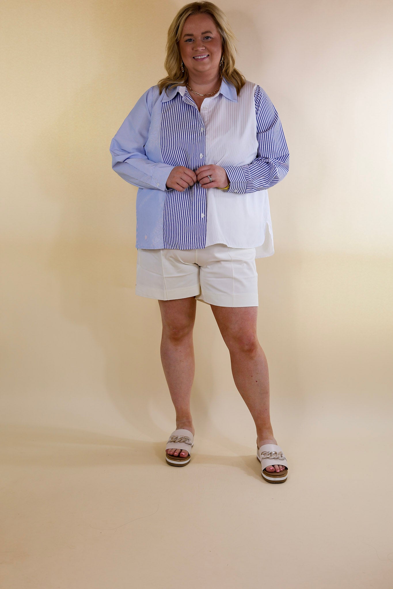 Premium Pin Stripe Color Block Button-Up Top - Blue & White