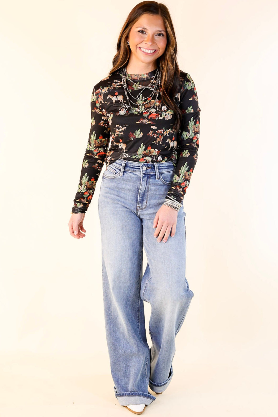 Premium Western Dream Mesh Long Sleeve Top - Retro Black Print