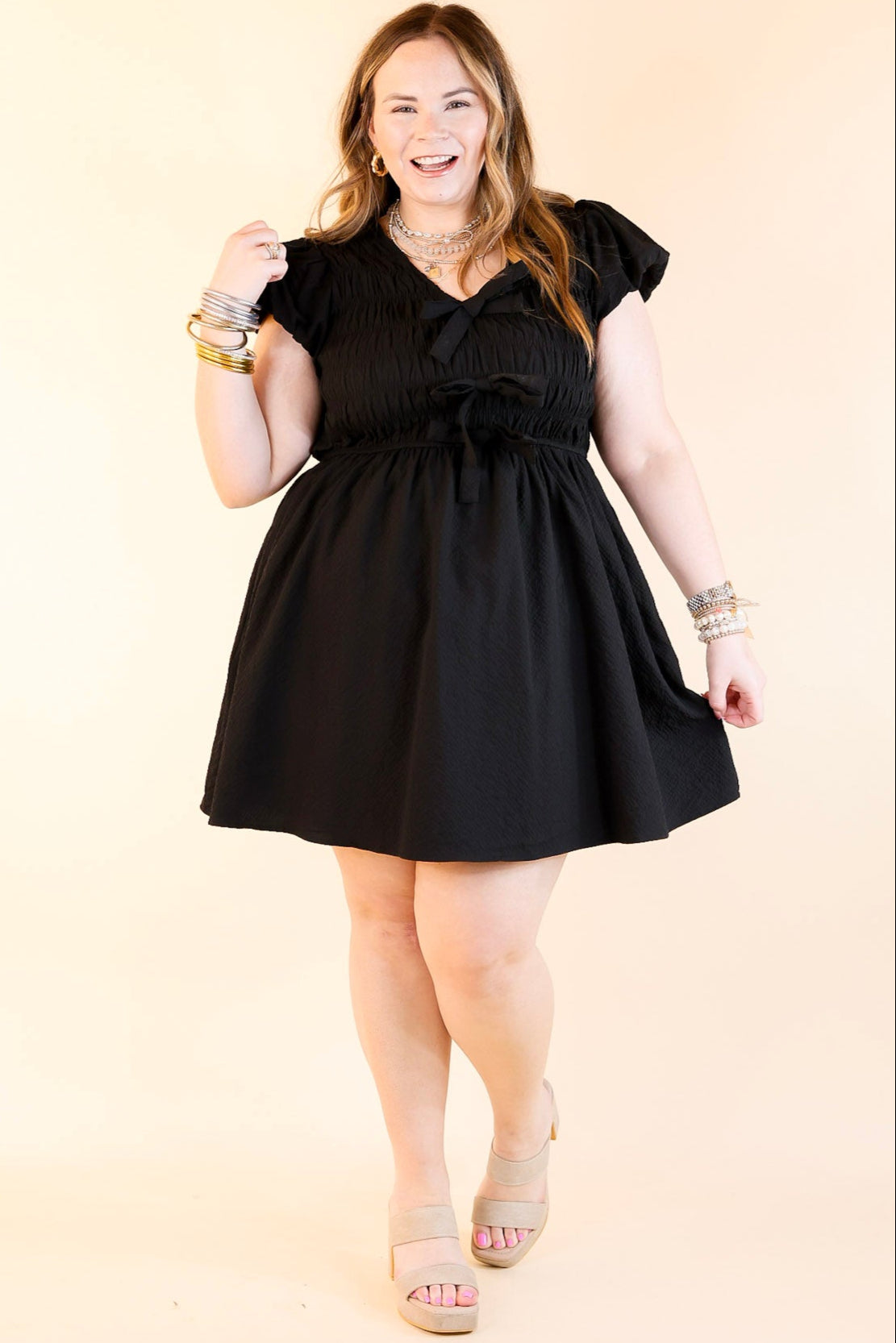 Premium Elegance Cap Sleeve Bow Dress in Black