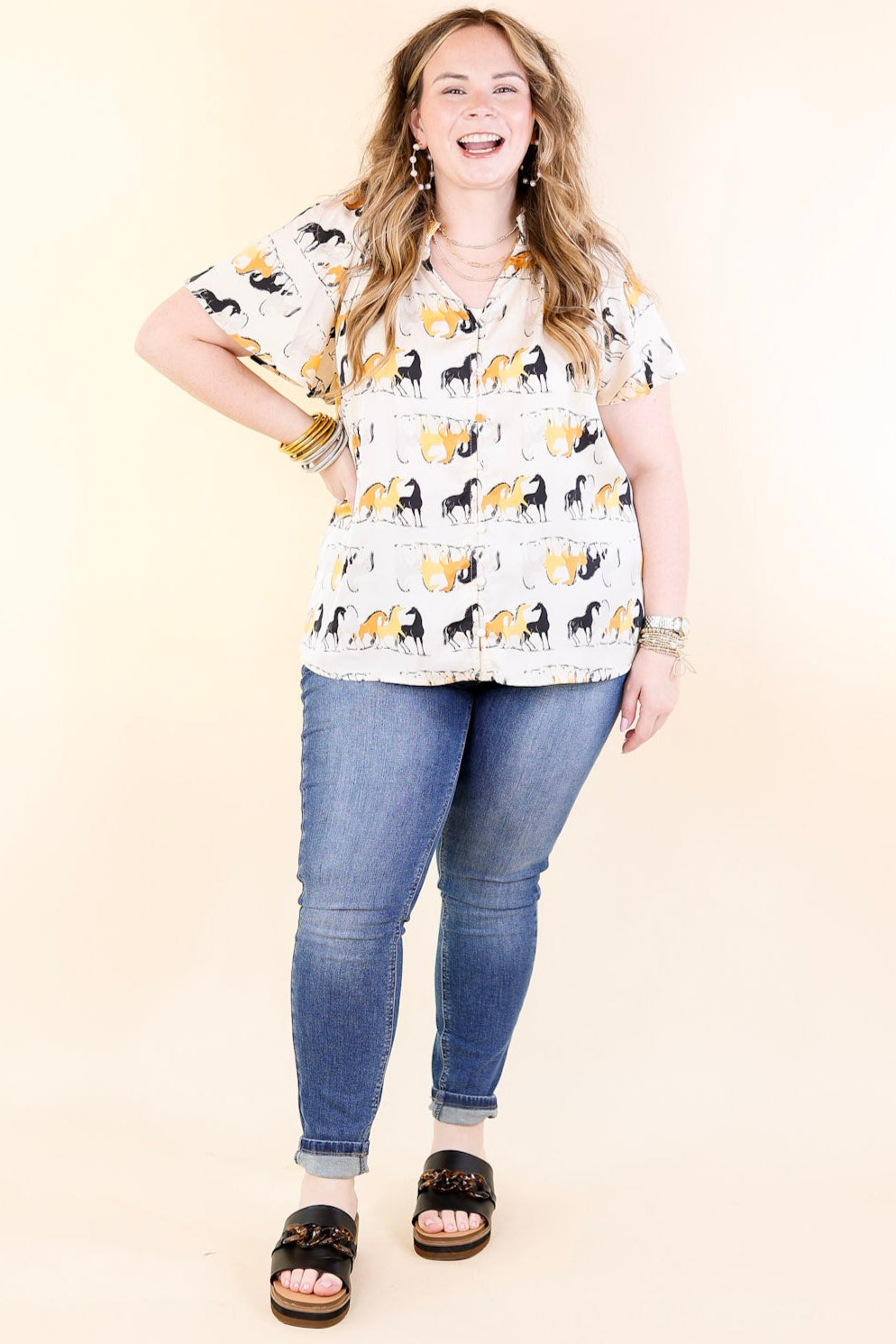 Premium Away We Go Ivory Horse Print Button-Up Shirt