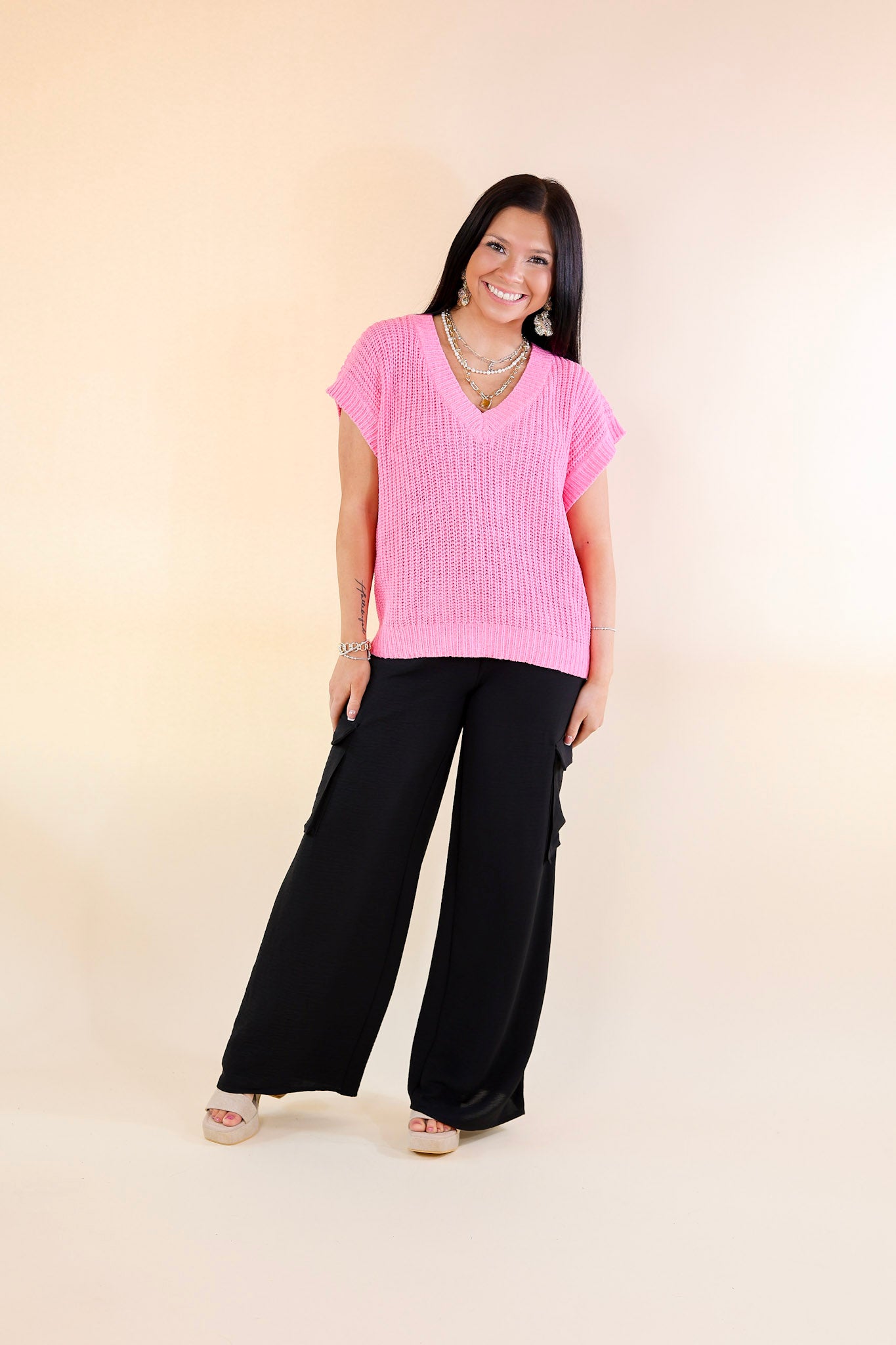 Ultimate Summer Essential: V-Neck Short Sleeve Sweater in Hot Pink