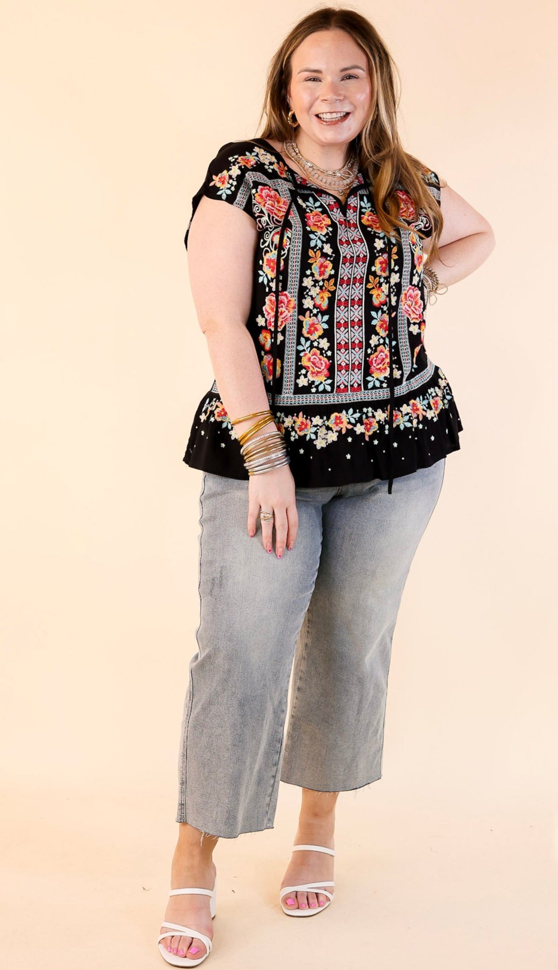 Premium Paradise Floral Embroidered Keyhole Top - Ultimate Summer Style in Black
