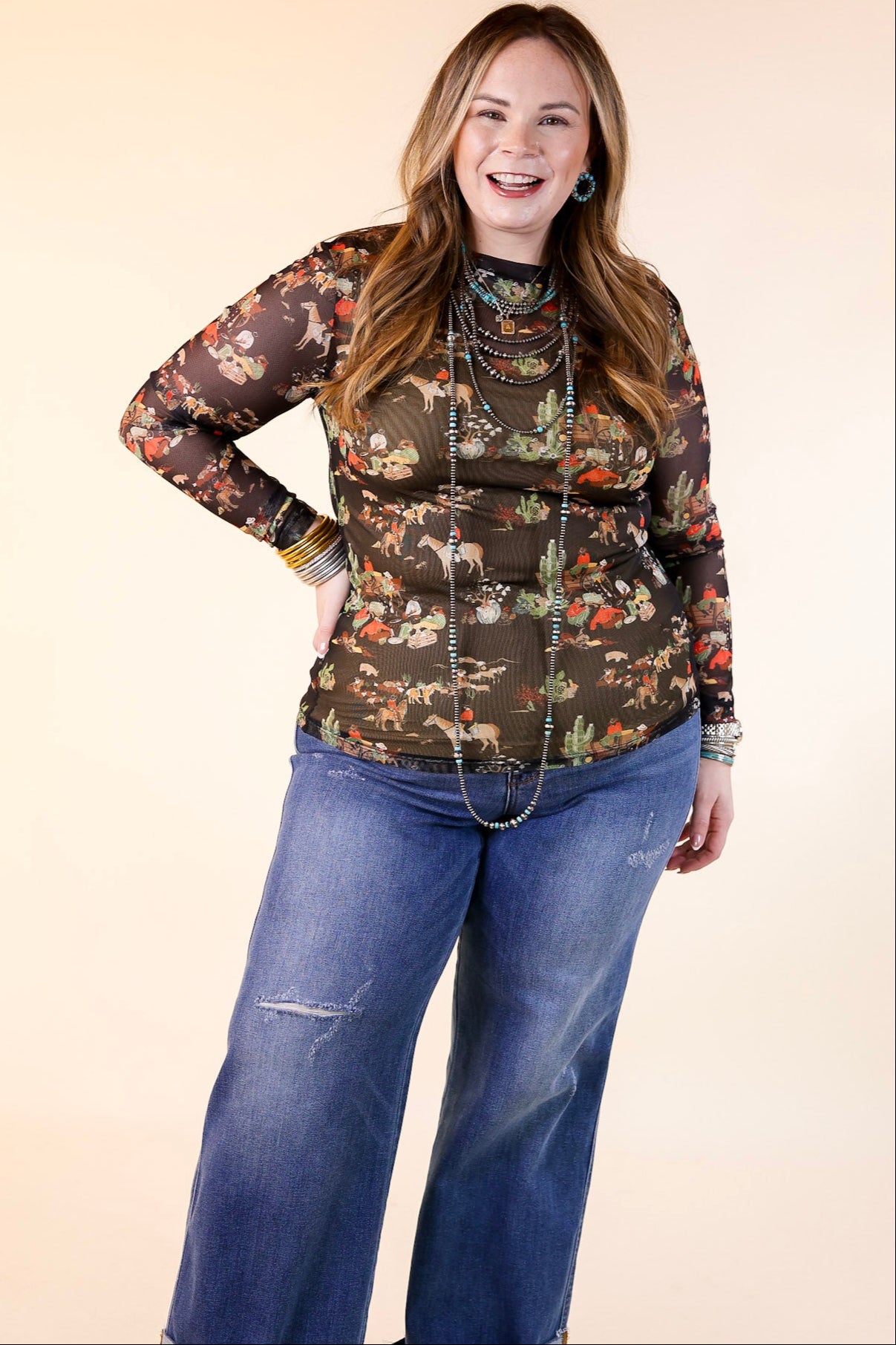 Premium Western Dream Mesh Long Sleeve Top - Retro Black Print