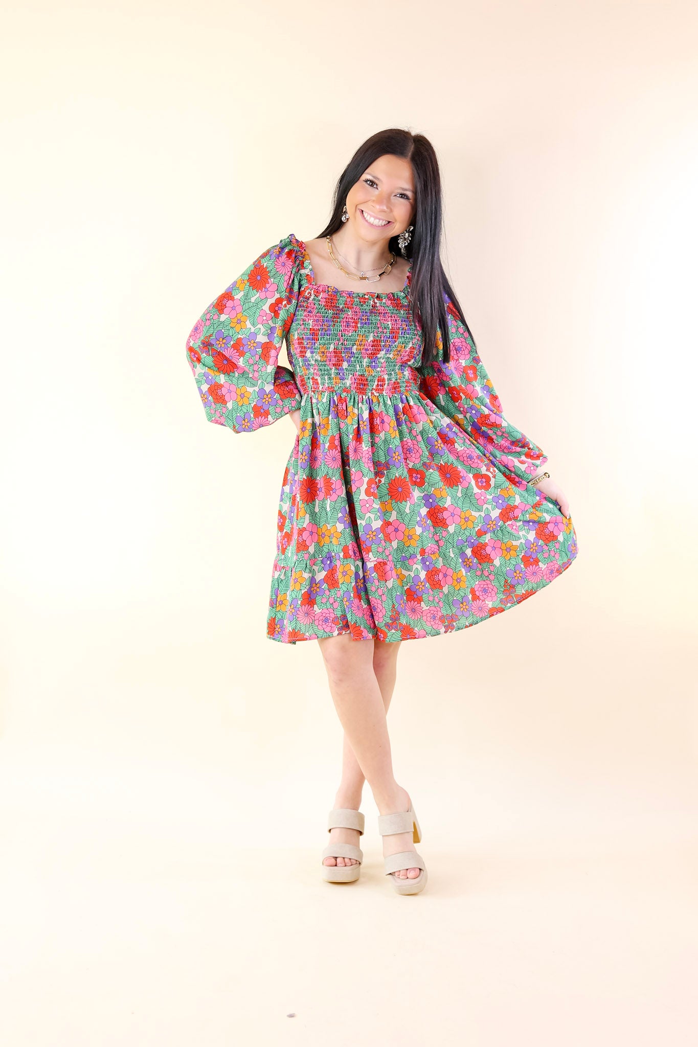 Premium People Person Floral Dress - Smocked Bodice & Ruffled Neckline