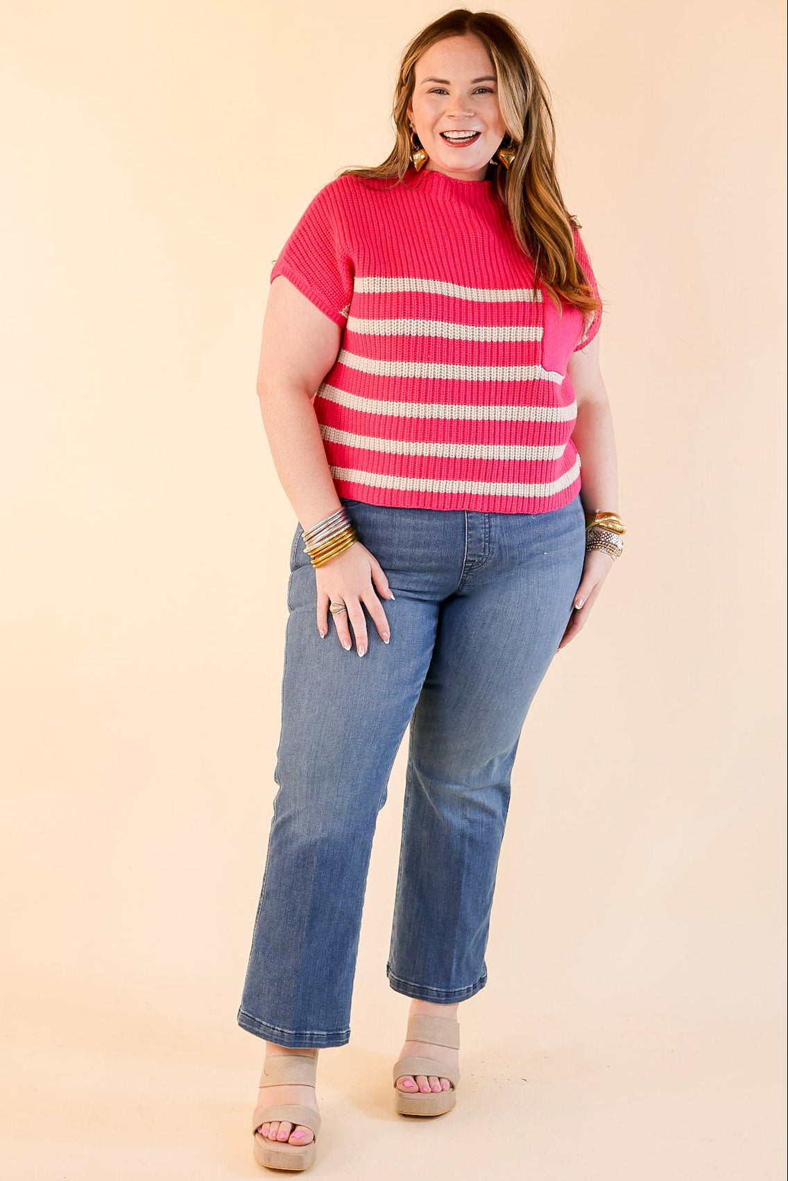 Premium Striped Cap Sleeve Sweater - Hot Pink | Ultimate Comfort & Style