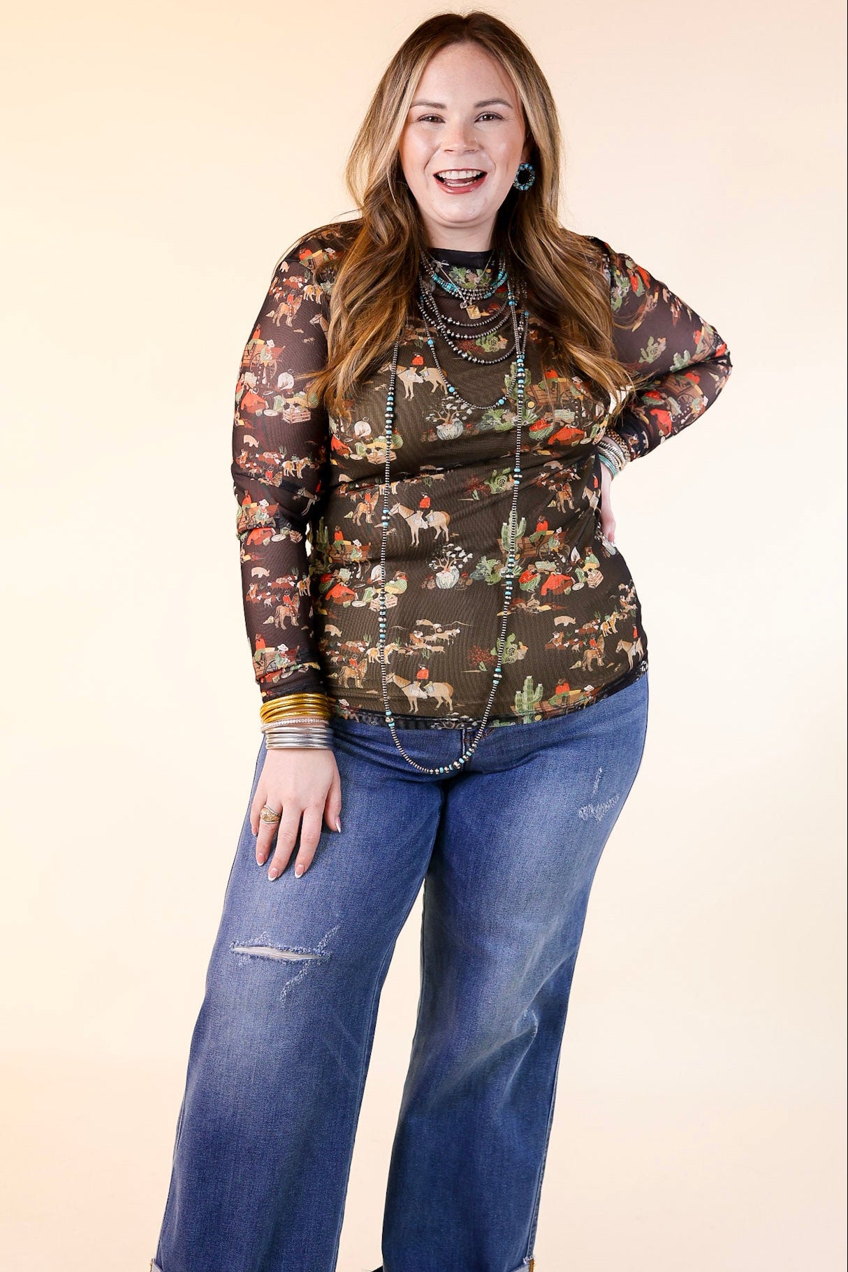 Premium Western Dream Mesh Long Sleeve Top - Retro Black Print