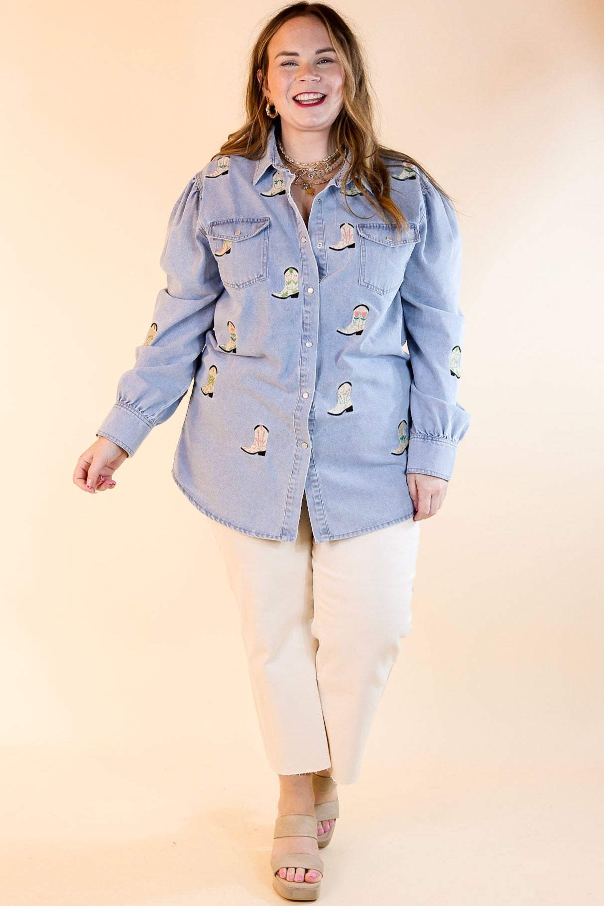 Premium Cowgirl Charm Denim Shirt with Embroidered Boot Icons