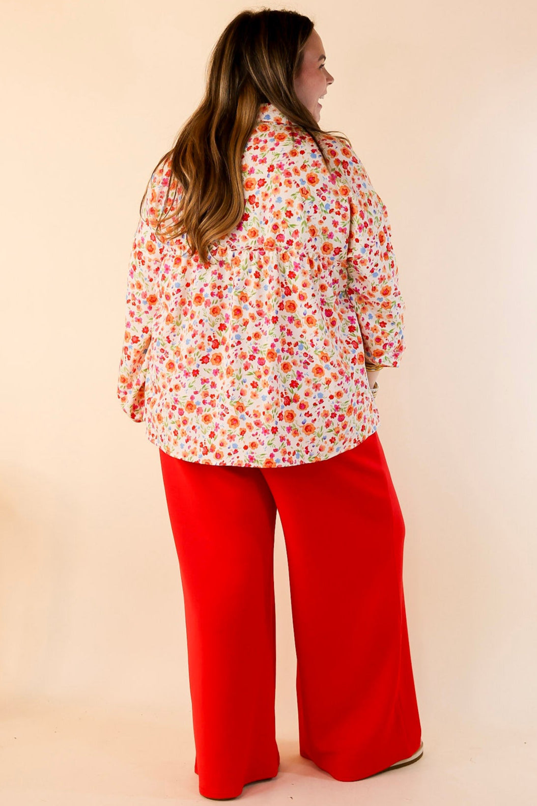 Premium Secret Garden Floral Print Blouse with Elegant Collar and Long Sleeves in Cream