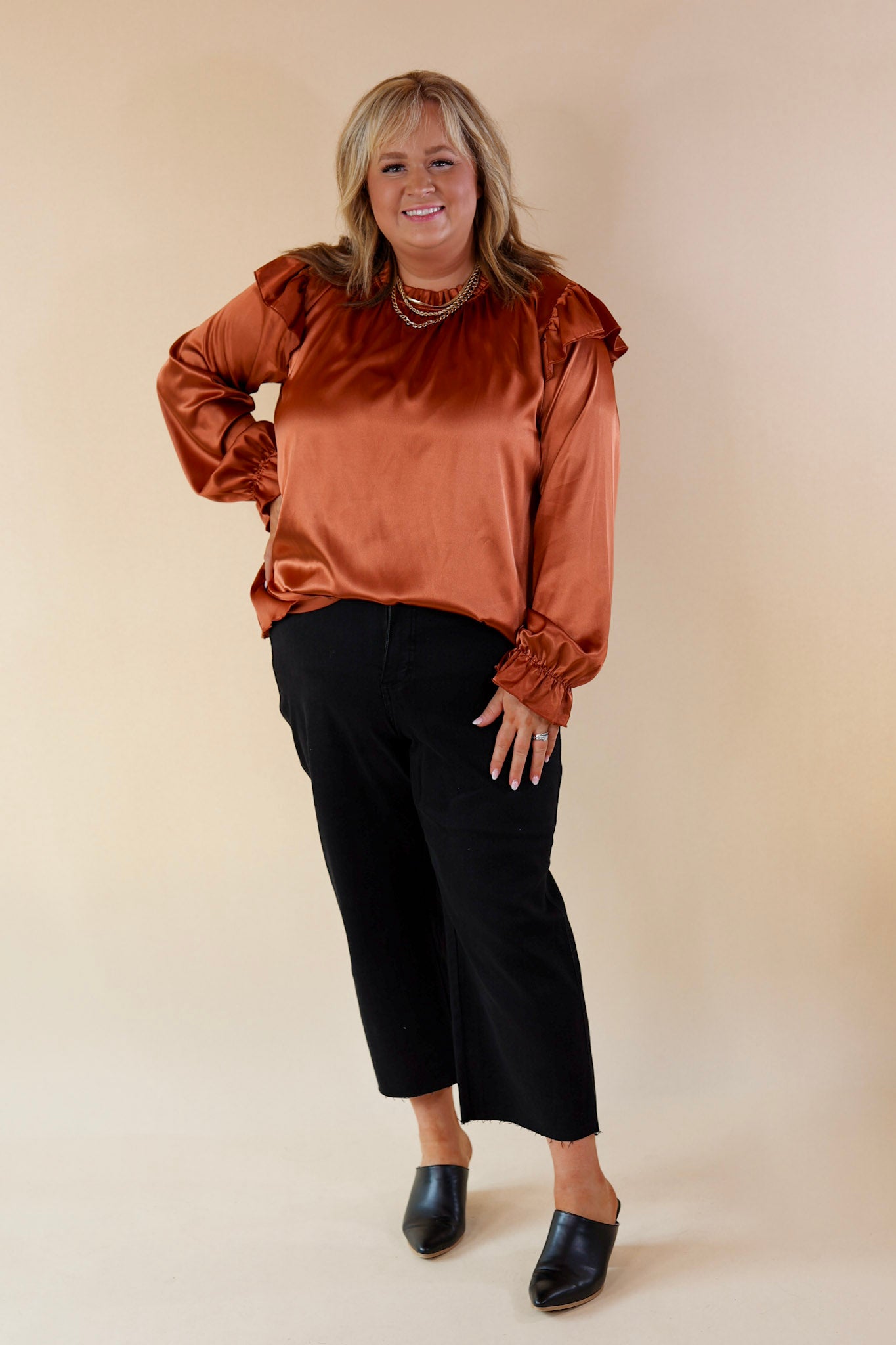 Ultimate Elegance Ruffle Mock Neck Satin Blouse - Rust Brown