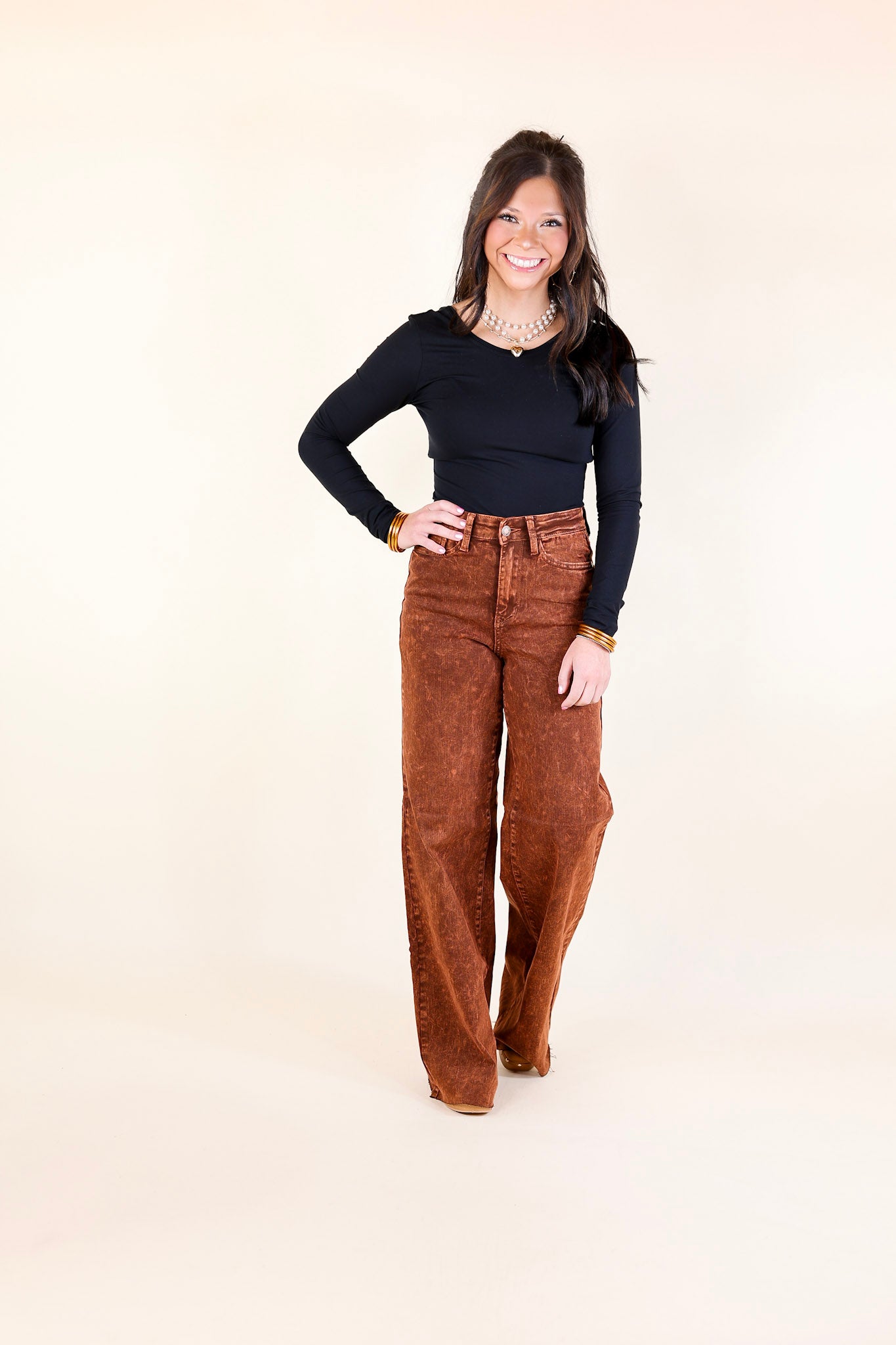 Judy Blue | Premium Harvest Hues High Waisted Wide Leg Jeans in Pumpkin Spice Brown
