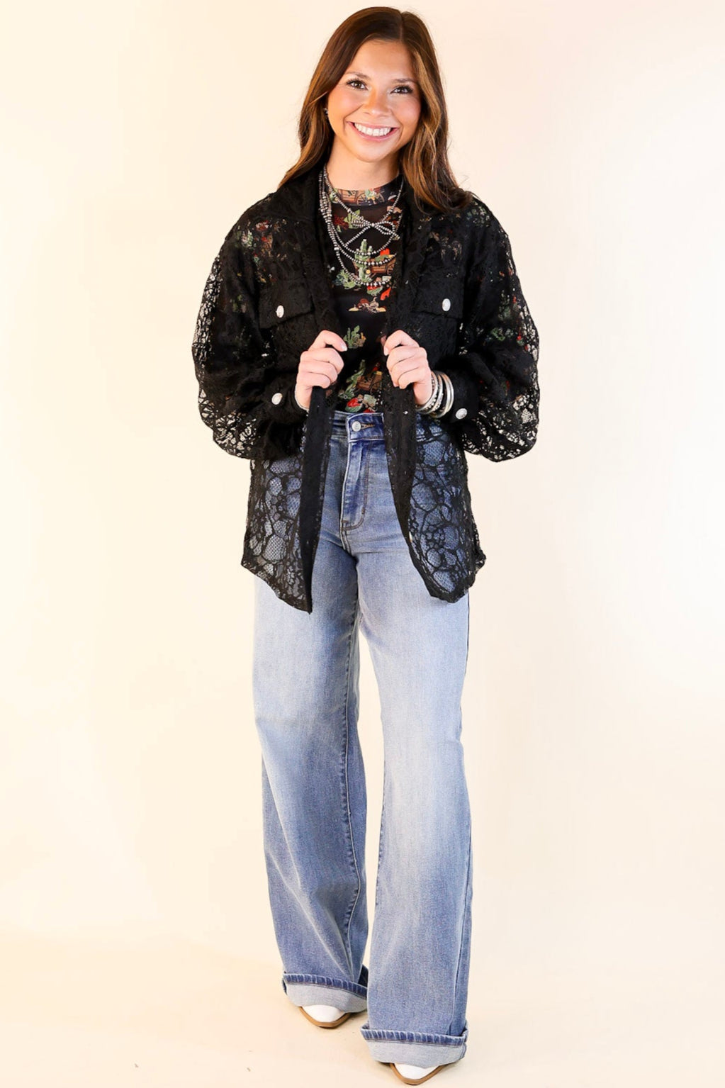 Ultimate Sheer Elegance: Black Lace Collared Button-Up Top