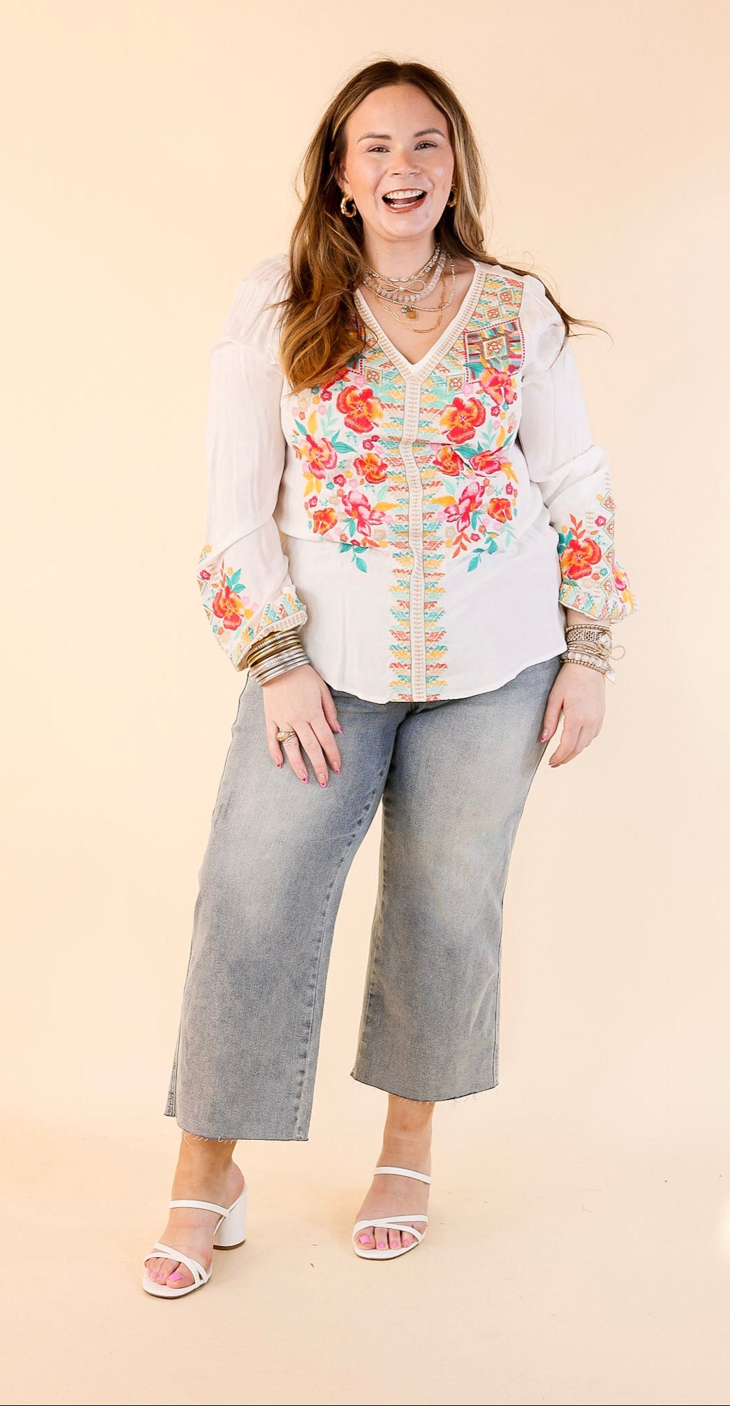 Premium V-Neck Long Sleeve Embroidered Top - White | Ultimate Brunch Style