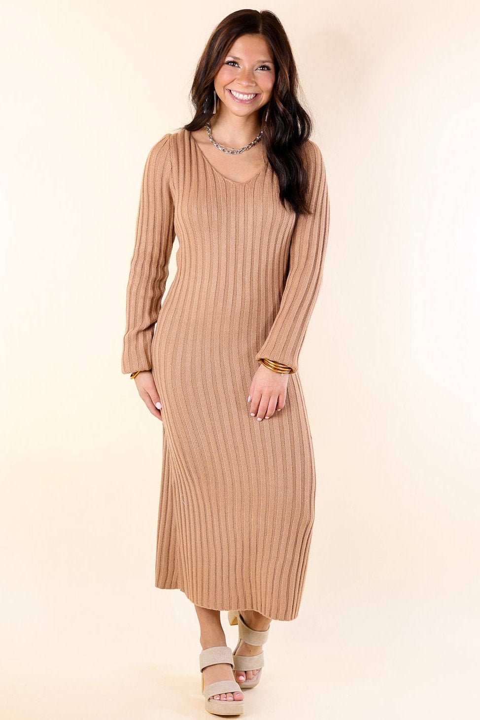 Premium Pumpkin Spice V-Neck Midi Sweater Dress - Ultimate Fall Wardrobe Essential