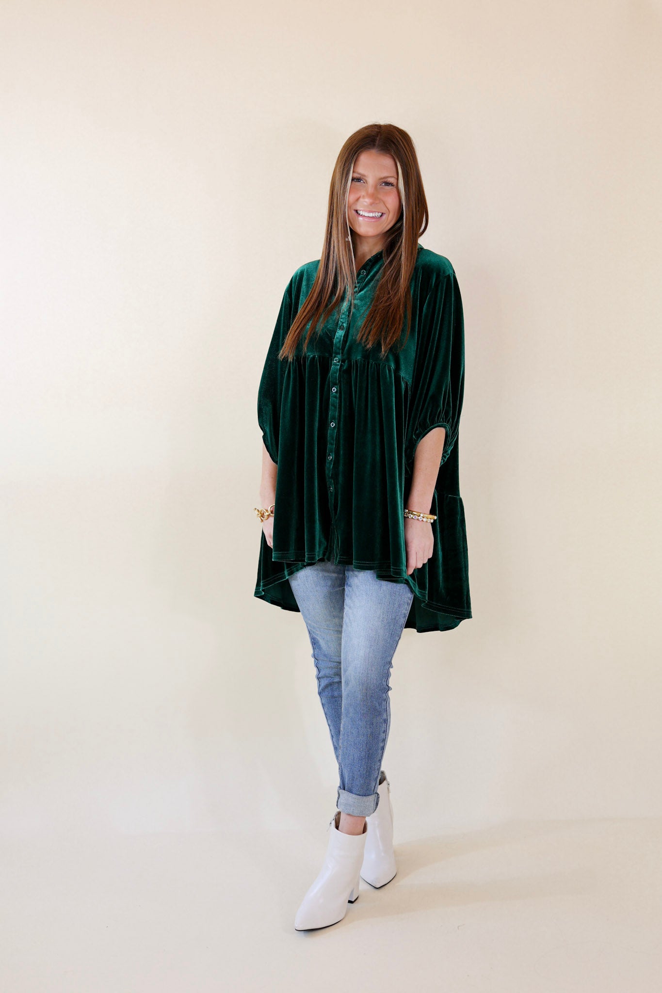 Premium Velvet Babydoll Tunic Top - Emerald Green | Love Link Collection