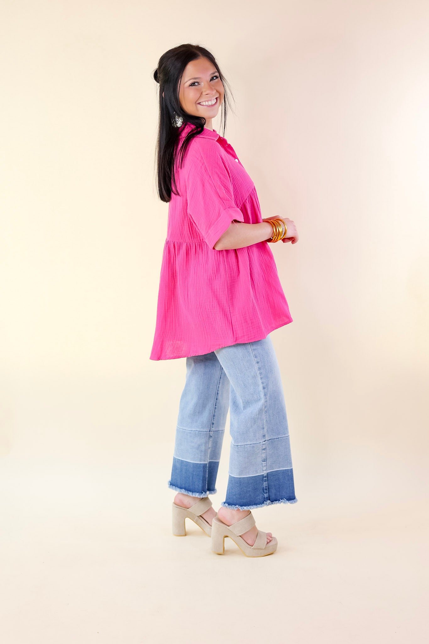 Premium Mellow Mood Collared Button-Up Babydoll Top - Hot Pink