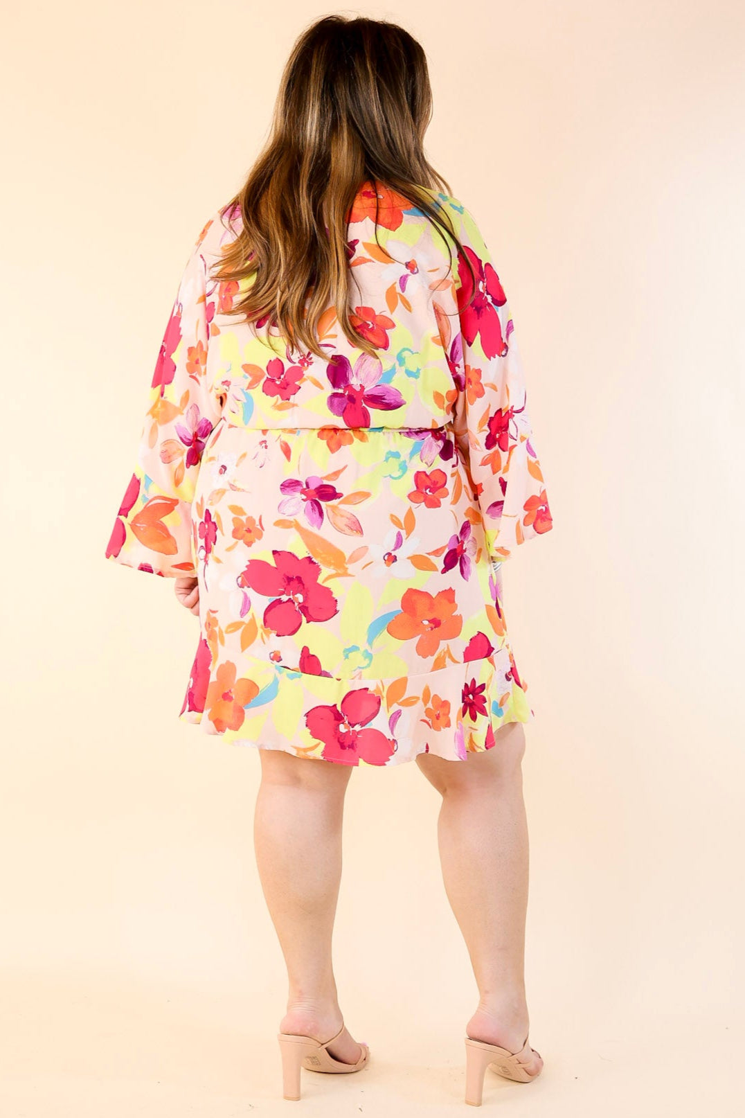 Premium Floral Ruffle Sleeve V-Neck Dress with Waist Tie - Blush Pink