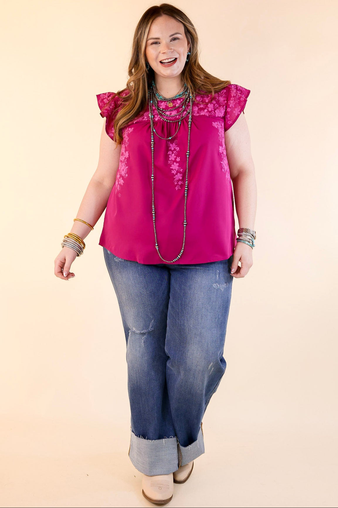 Premium Magenta Floral Embroidery Ruffle Top - Spring Essential