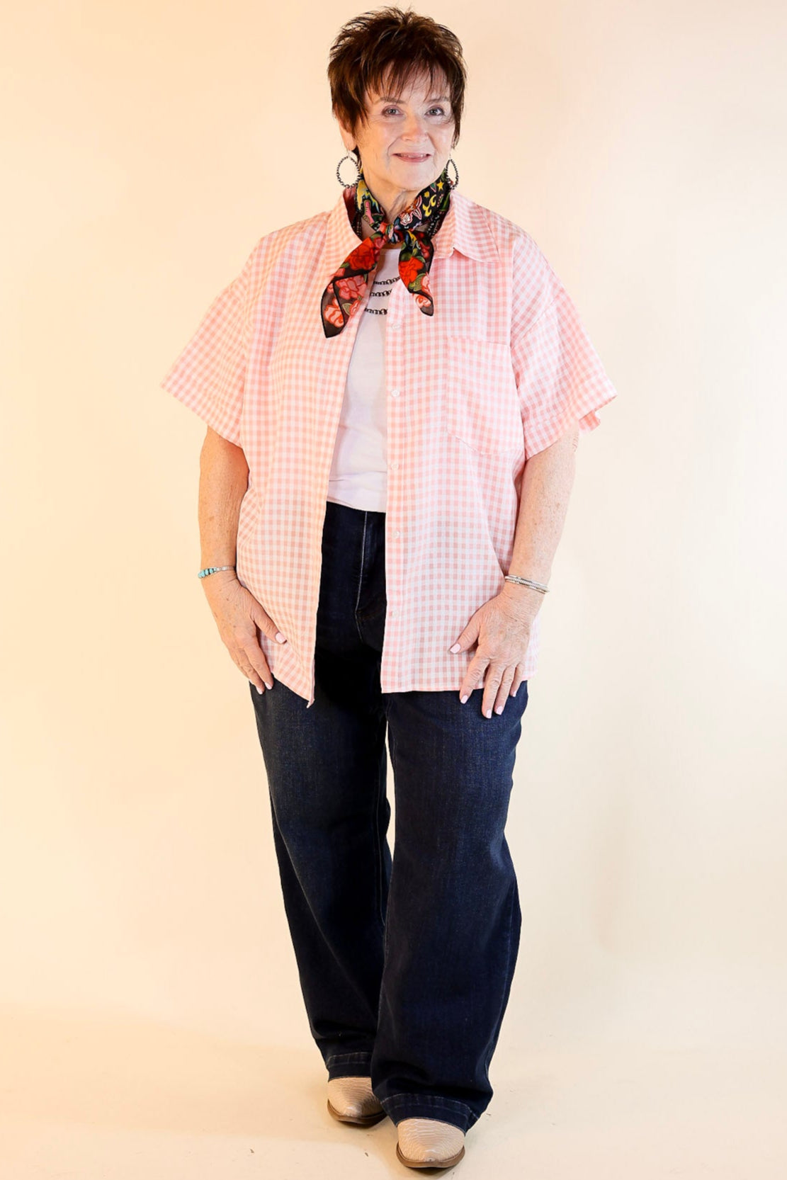 Ultimate Spring Style: Light Pink Gingham Short Sleeve Button-Up Top