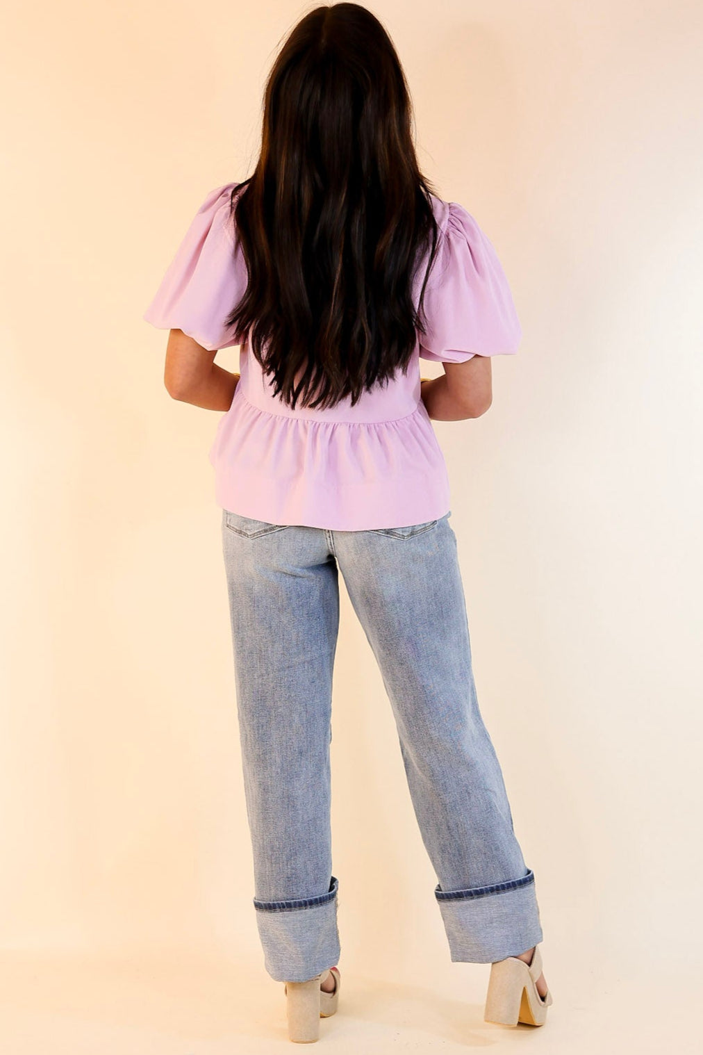 Premium Baby Pink Bow Tie Puff Sleeve Top