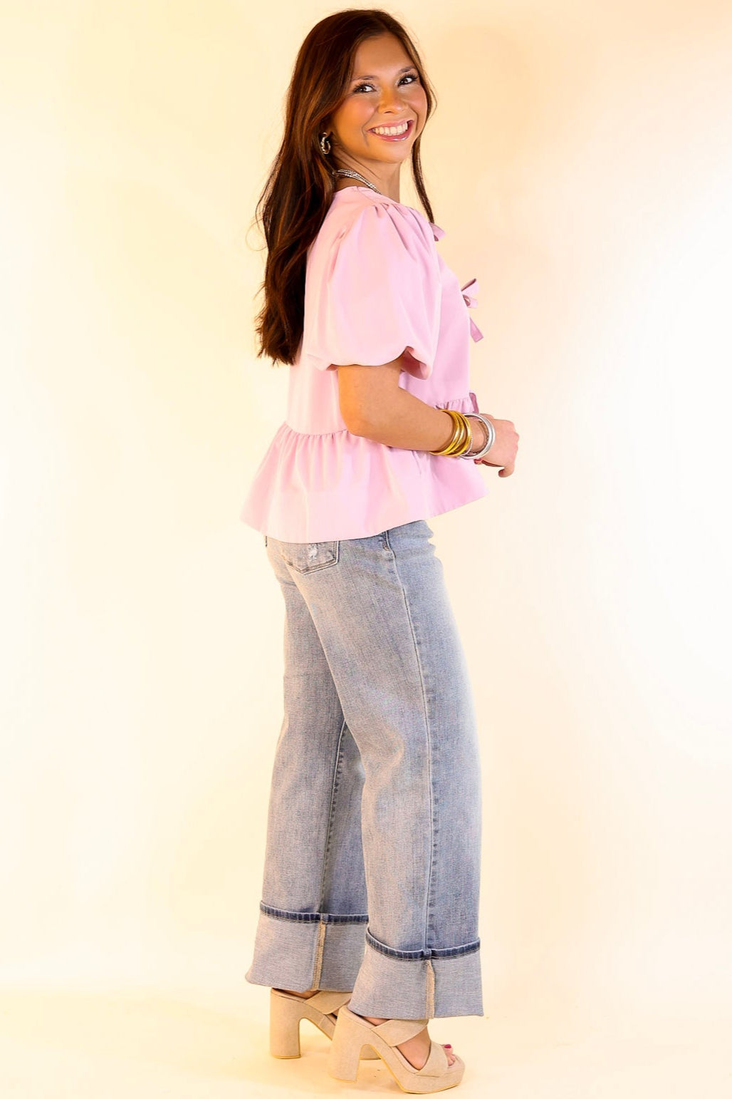 Premium Baby Pink Bow Tie Puff Sleeve Top