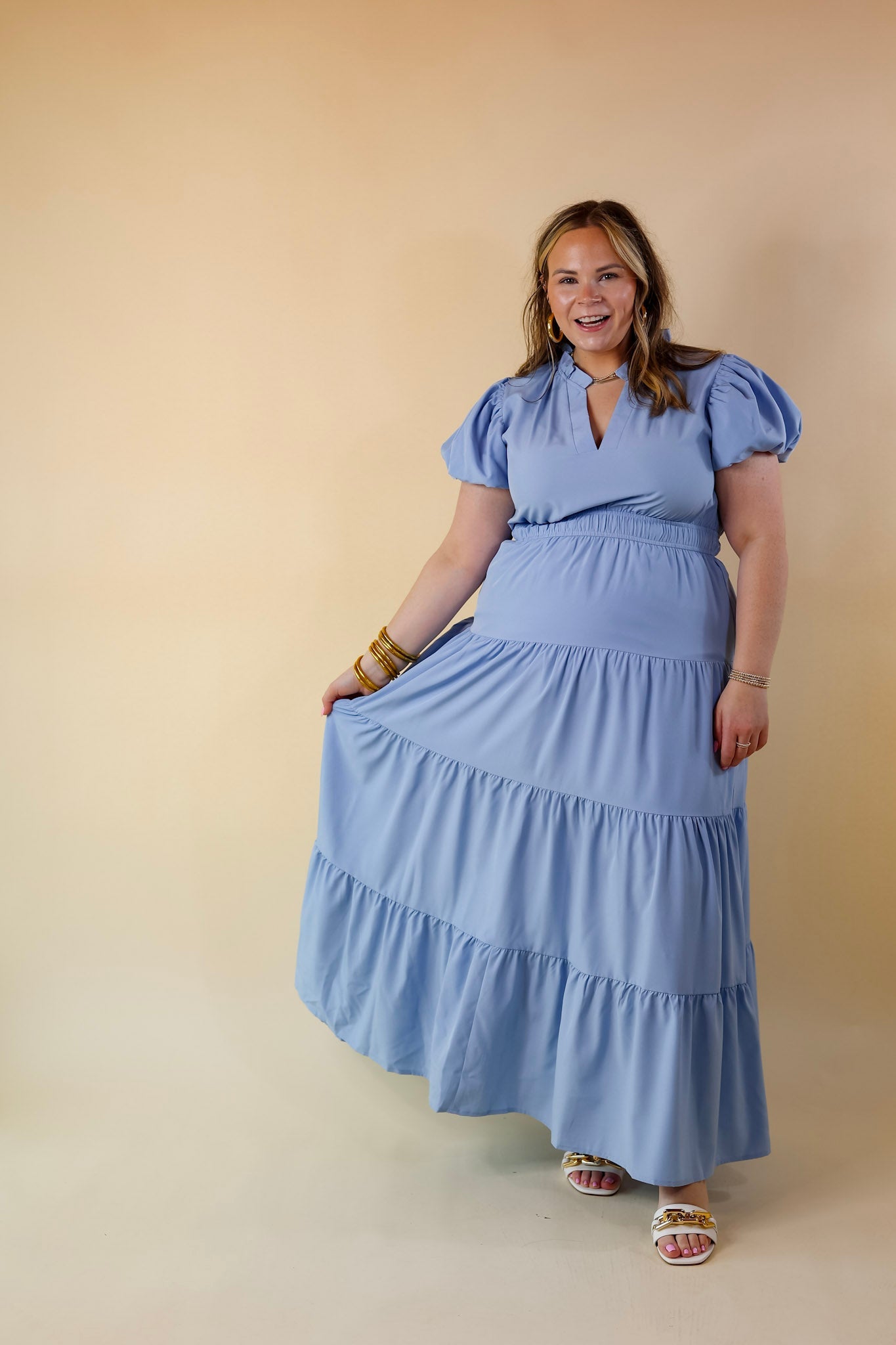 Ultimate 'Table for Two' Tiered Maxi Dress - Chambray Blue with Puff Sleeves