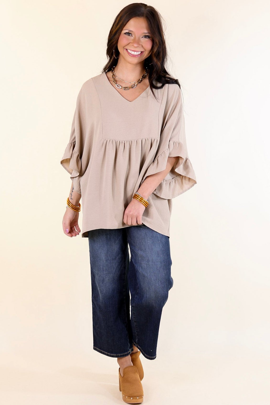 Premium Chic Cascades Tiered V-Neck Ruffle Sleeve Top in Taupe