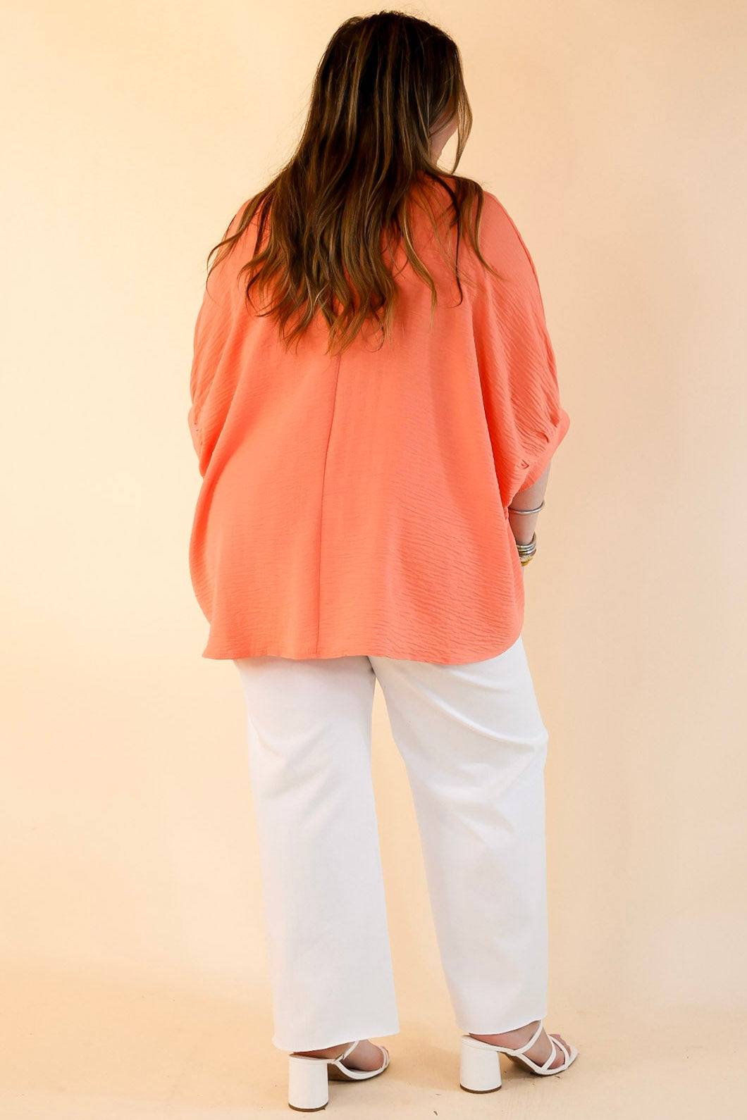 Premium Coral Orange V-Neck Top with Puffed Half Sleeves