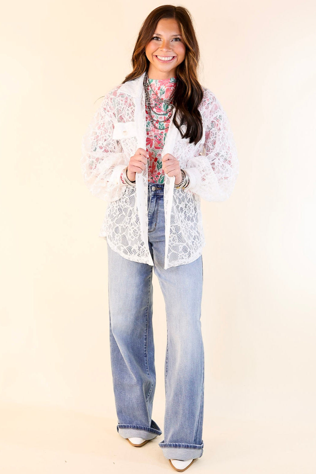 Premium Sheer Chic Lace Button-Up Top - Ultimate Elegance in White