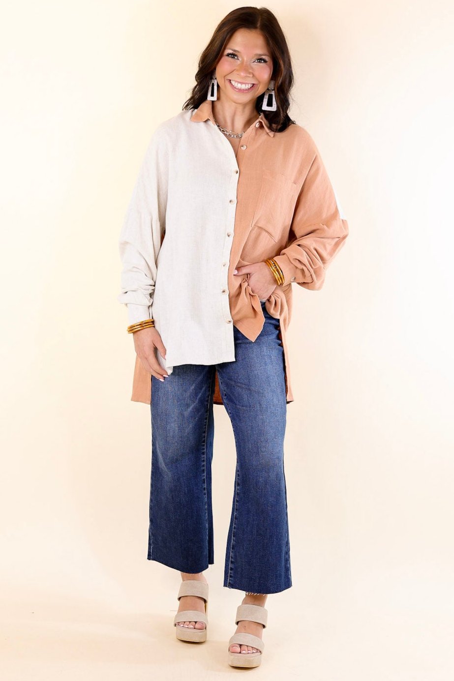 Premium Terracotta Color Block Button-Up Top