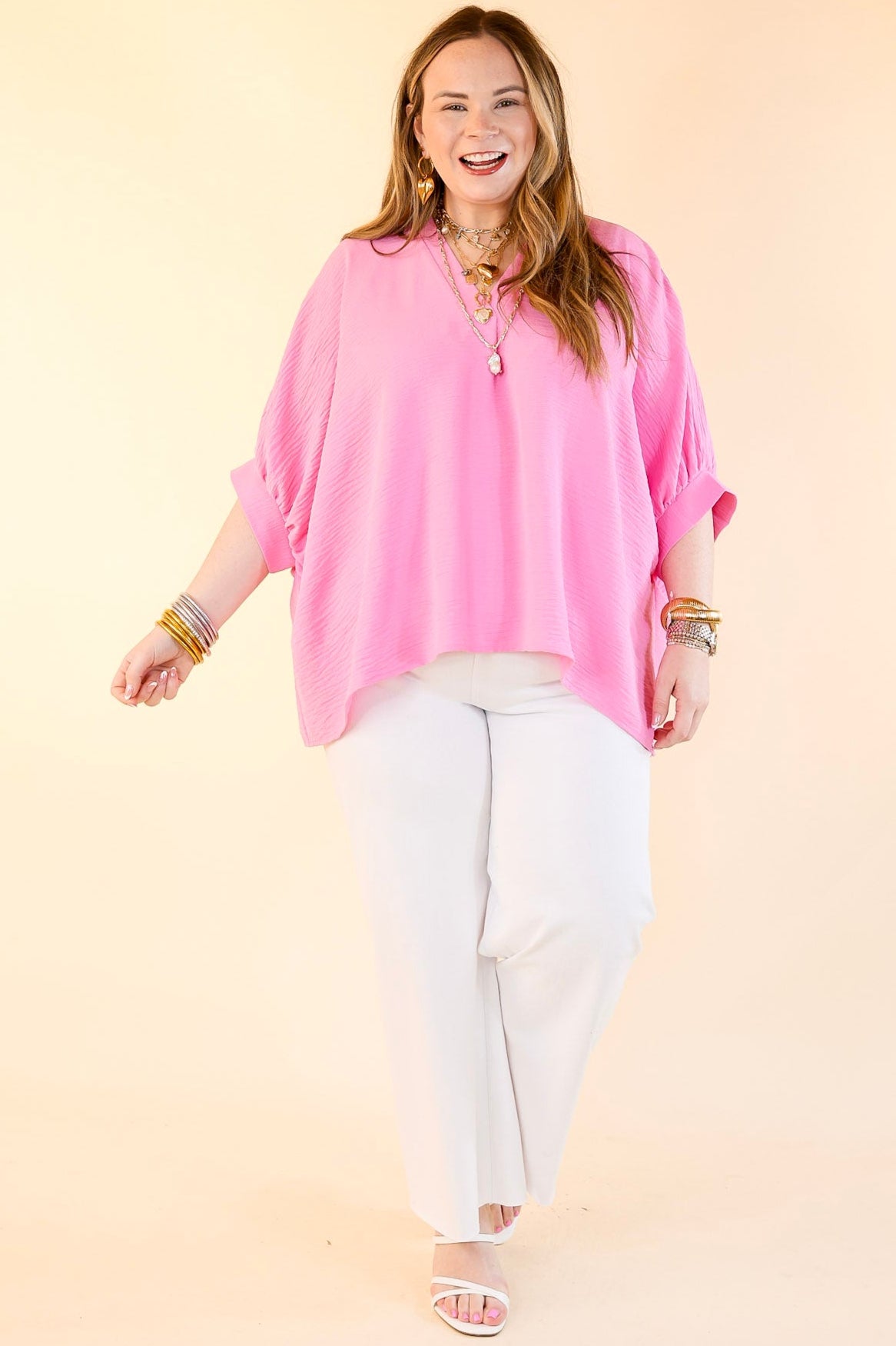 Premium V-Neck Blouse: Candy Pink Half-Sleeve Essential