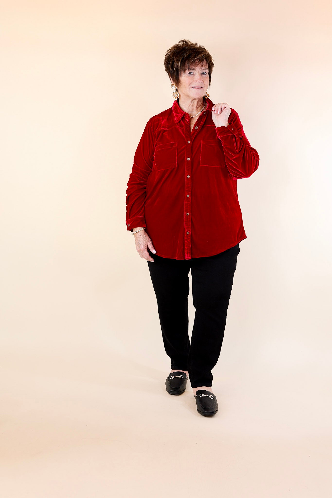 Premium Velvet Button-Up Blouse - Candy Apple Red