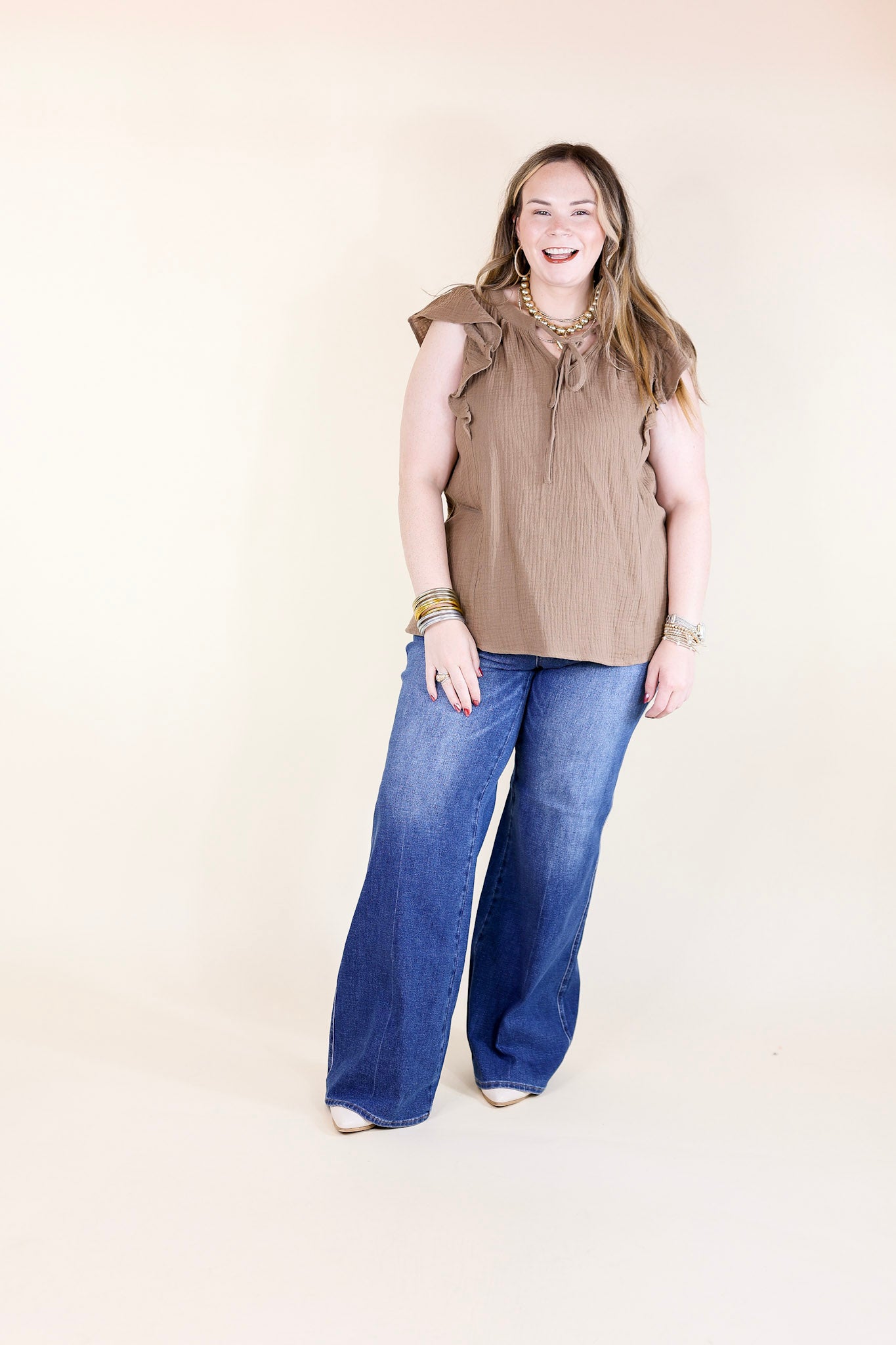 Premium Dual Season Ruffle Top - Mocha Brown with Keyhole & Tie Neckline