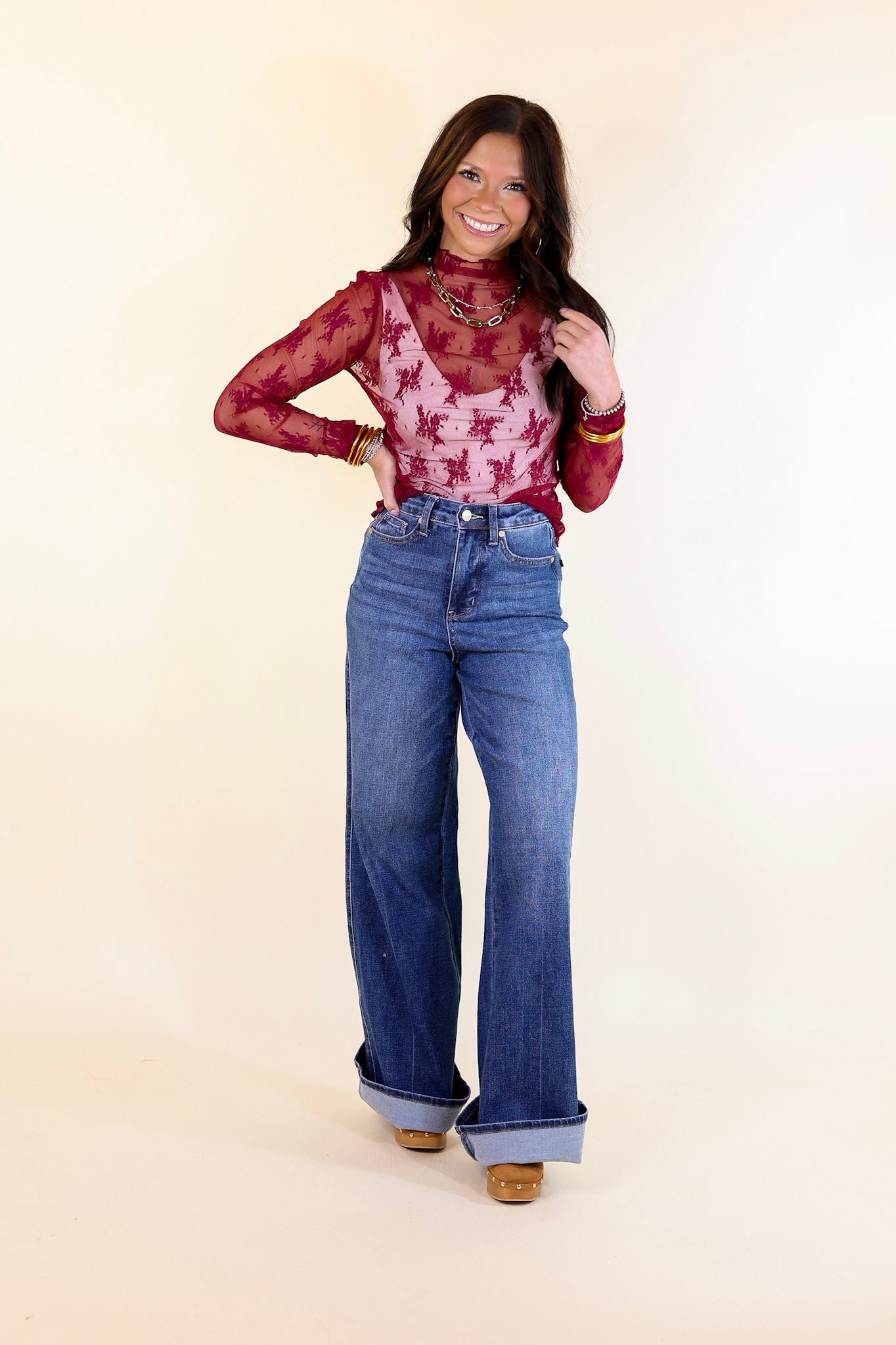 Ultimate Elegance: Premium Maroon Lace Mock Neck Top